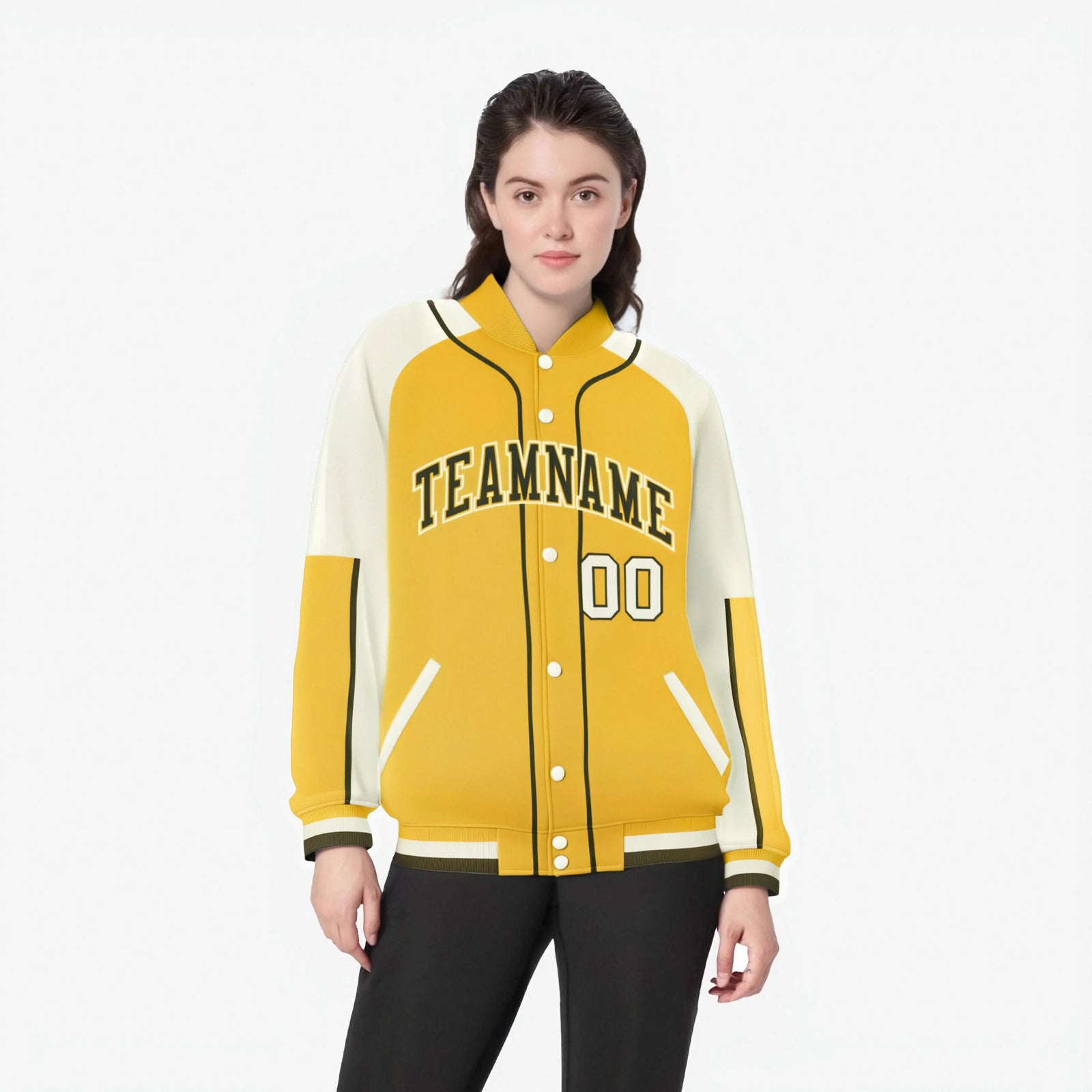 Custom Gold Cream-Gold Varsity Full-Snap Color Block Letterman Jacket