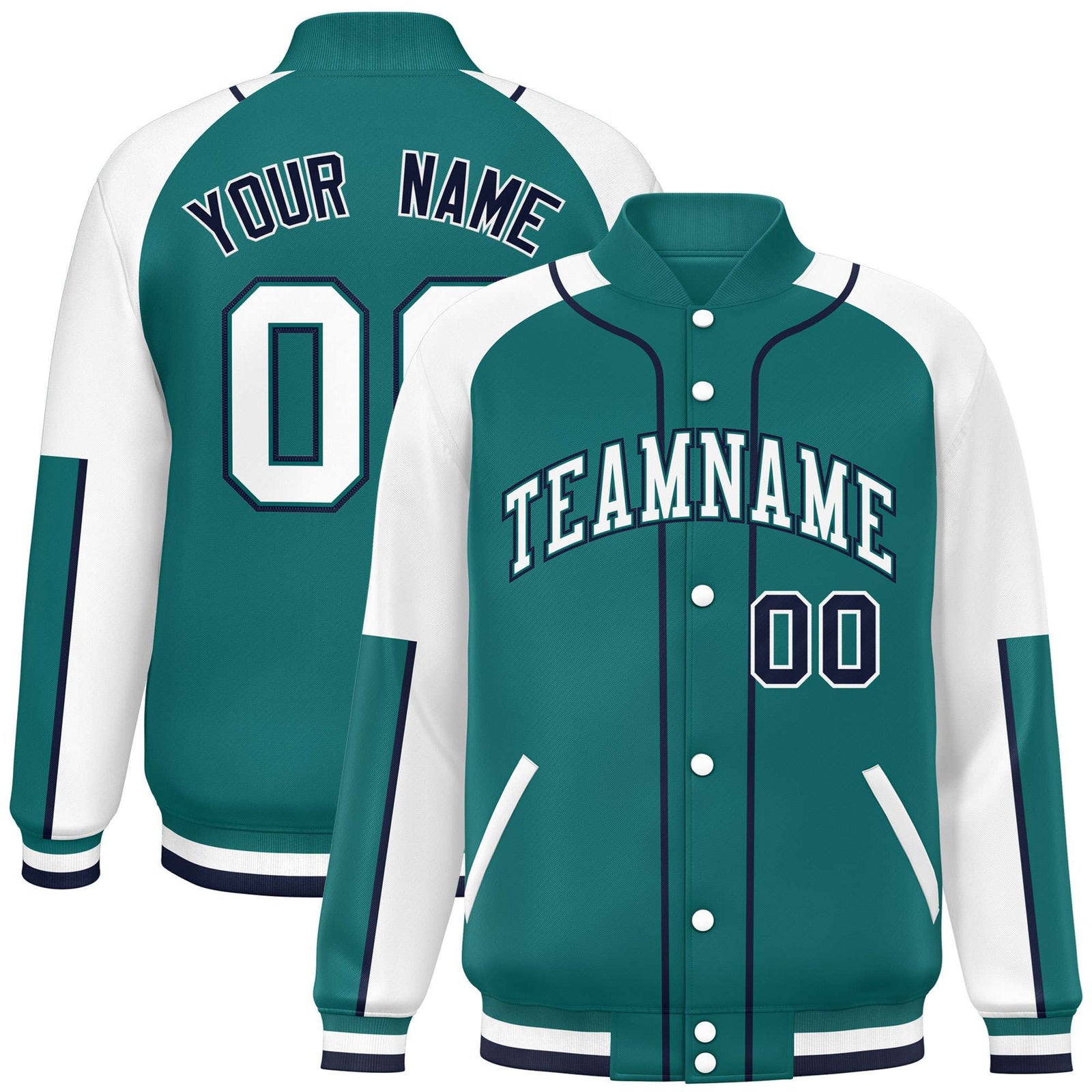 Custom Aqua White-Aqua Varsity Full-Snap Color Block Letterman Jacket