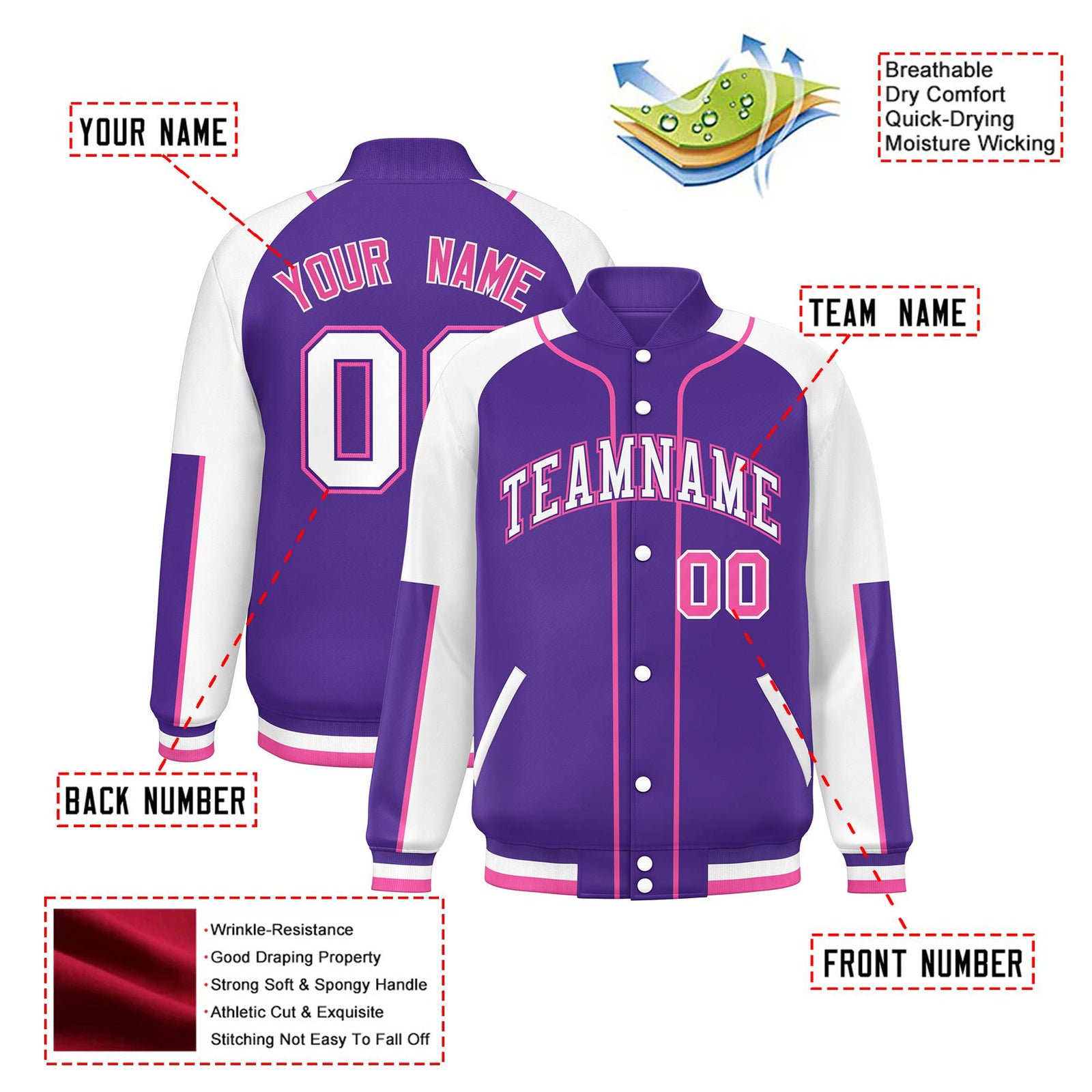 Custom Purple White-Purple Varsity Full-Snap Color Block Letterman Jacket