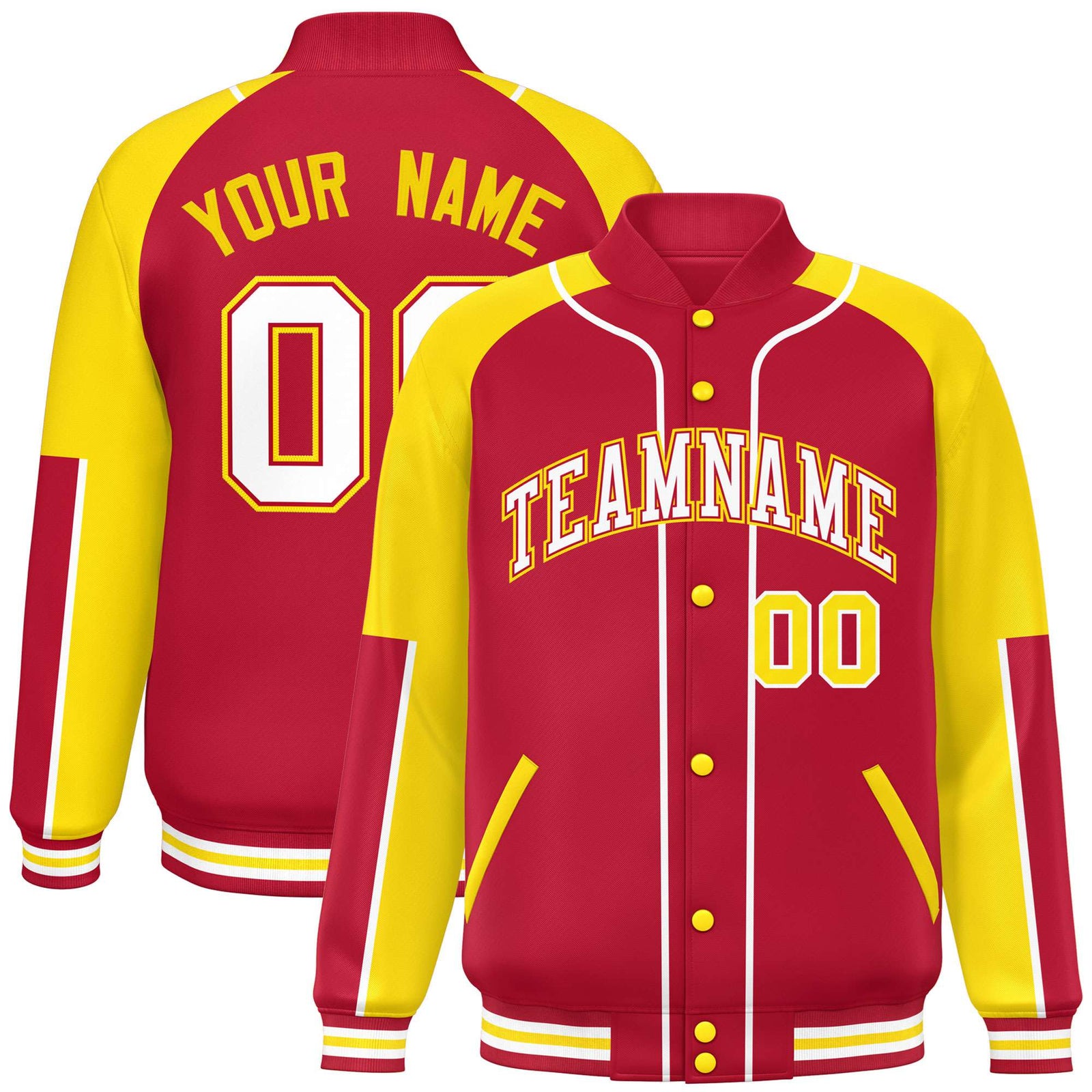 Custom Red Gold-Red Varsity Full-Snap Color Block Letterman Jacket