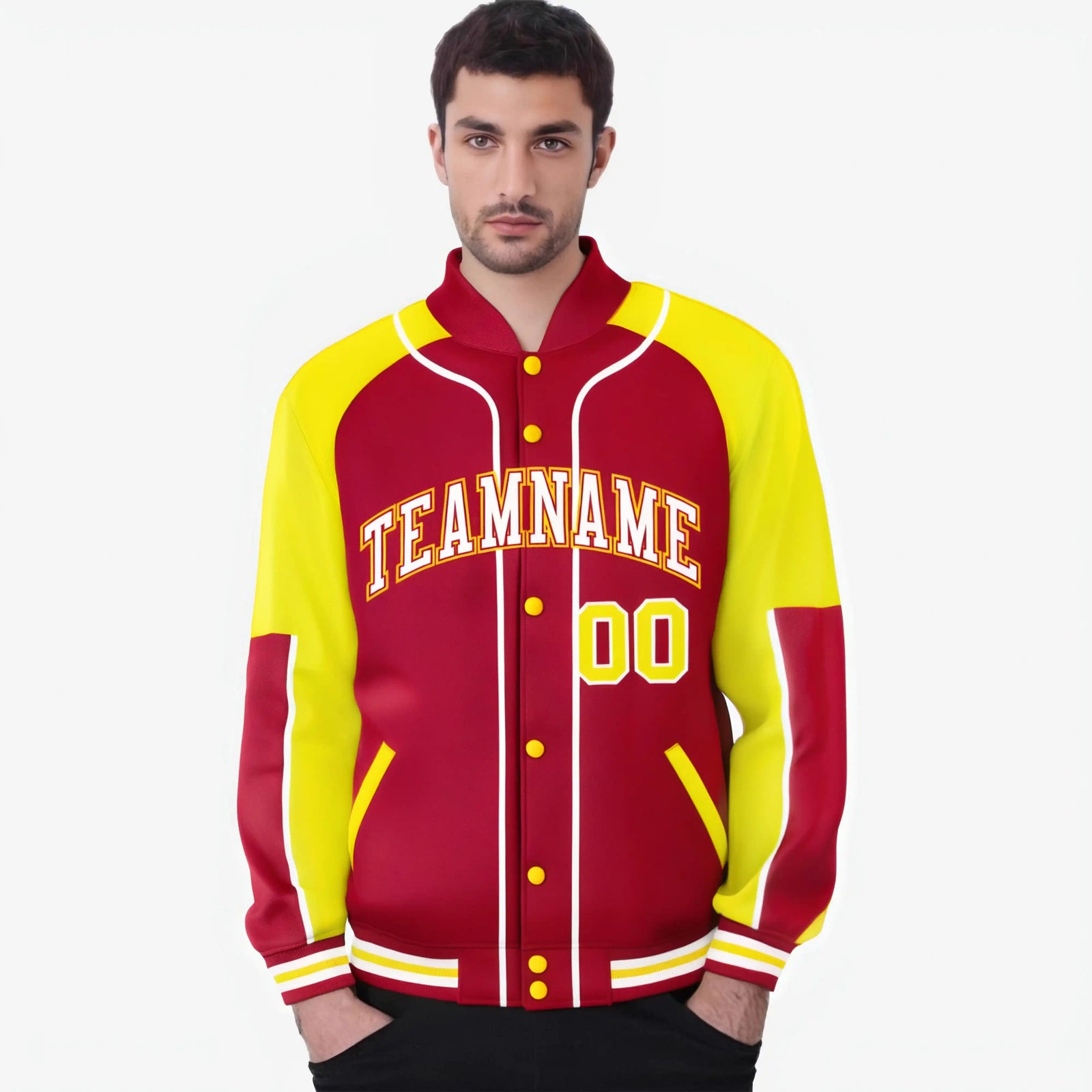 Custom Red Gold-Red Varsity Full-Snap Color Block Letterman Jacket