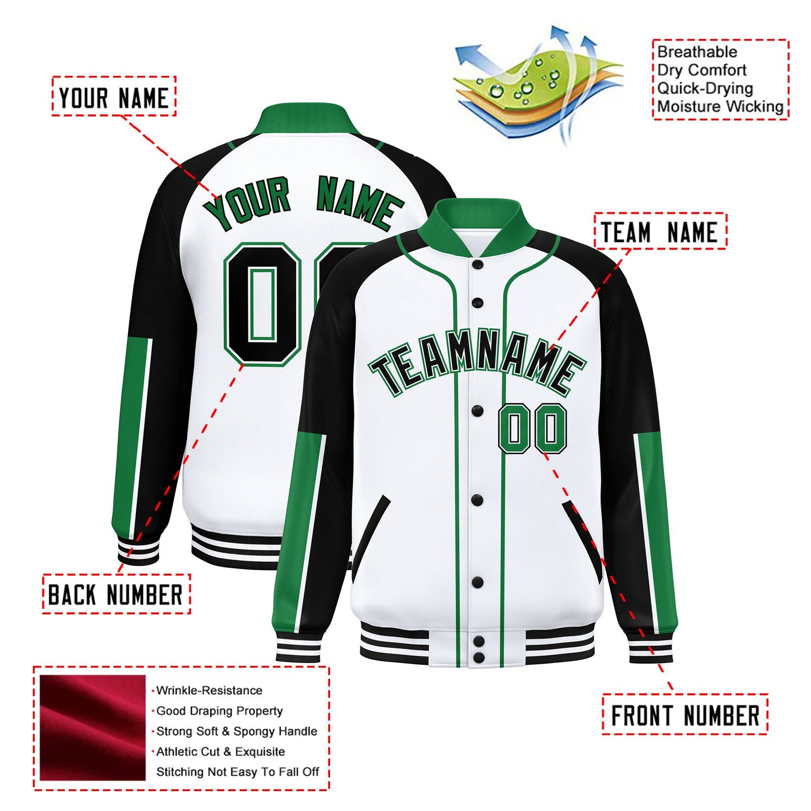 Custom White Black-Kelly Green Varsity Full-Snap Color Block Letterman Jacket