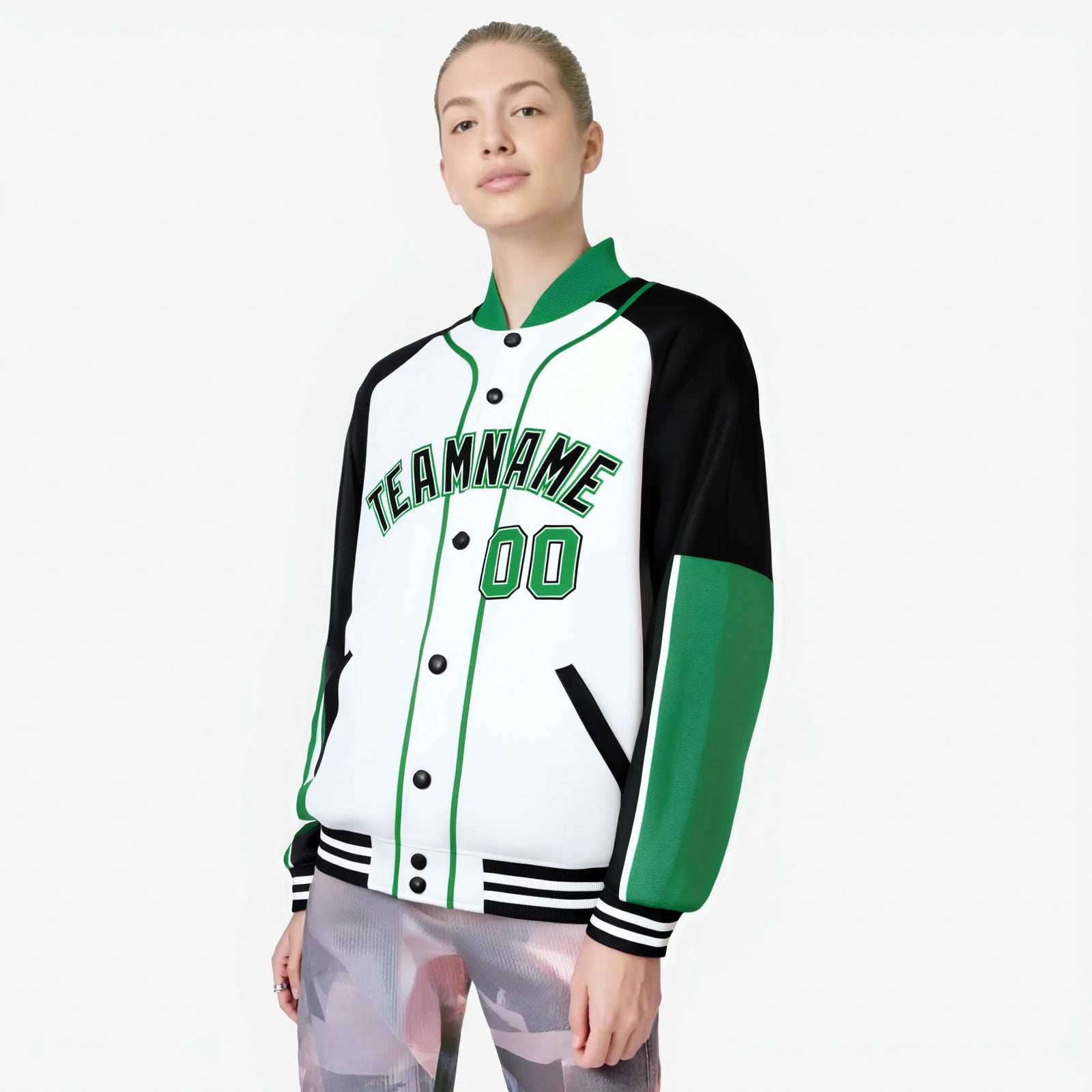 Custom White Black-Kelly Green Varsity Full-Snap Color Block Letterman Jacket