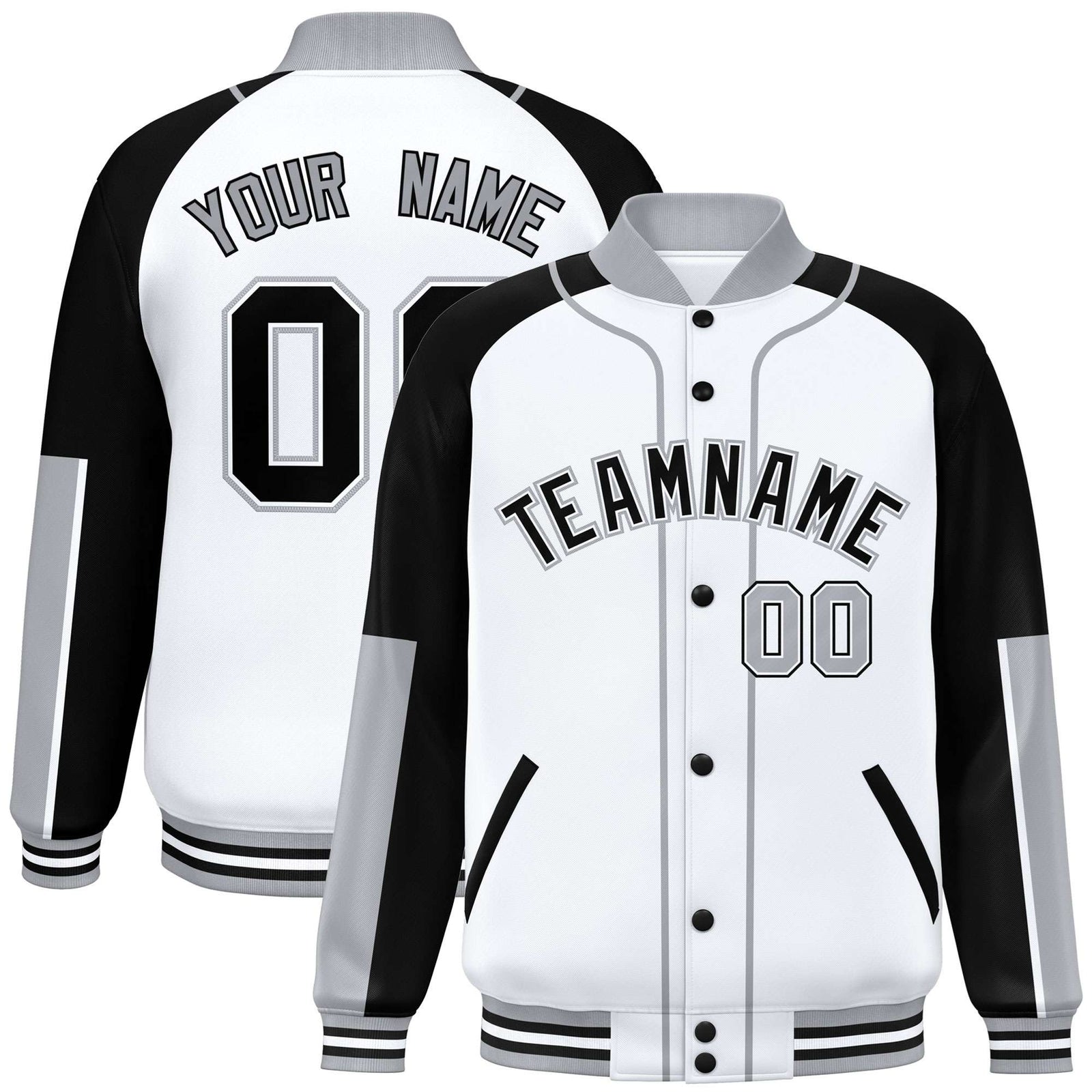 Custom White Black-Gray Varsity Full-Snap Color Block Letterman Jacket