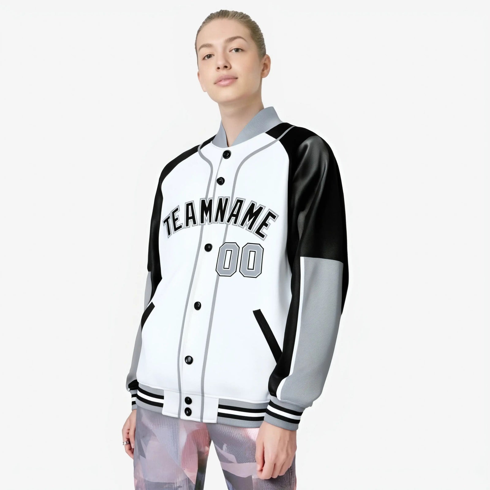 Custom White Black-Gray Varsity Full-Snap Color Block Letterman Jacket