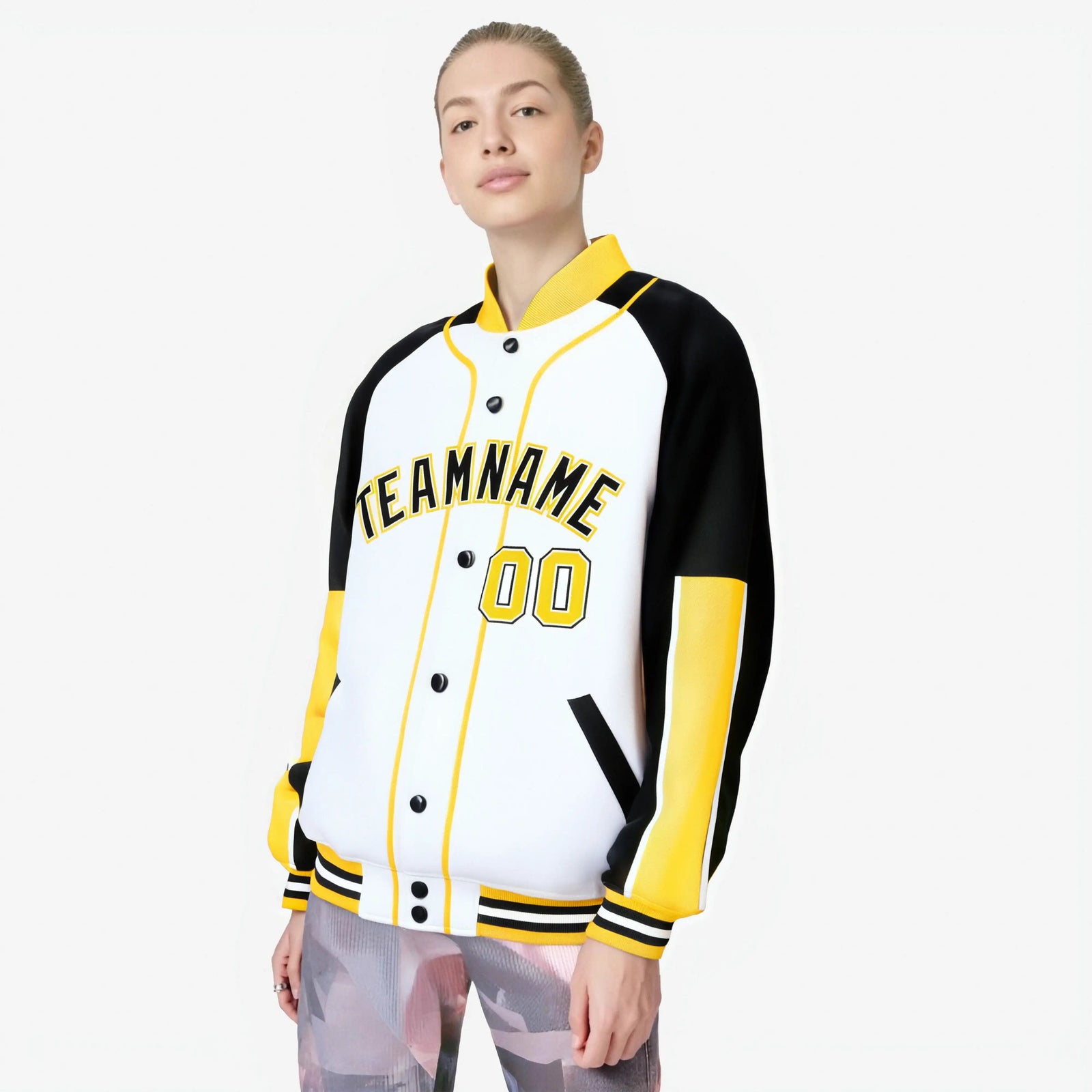 Custom White Black-Gold Varsity Full-Snap Color Block Letterman Jacket