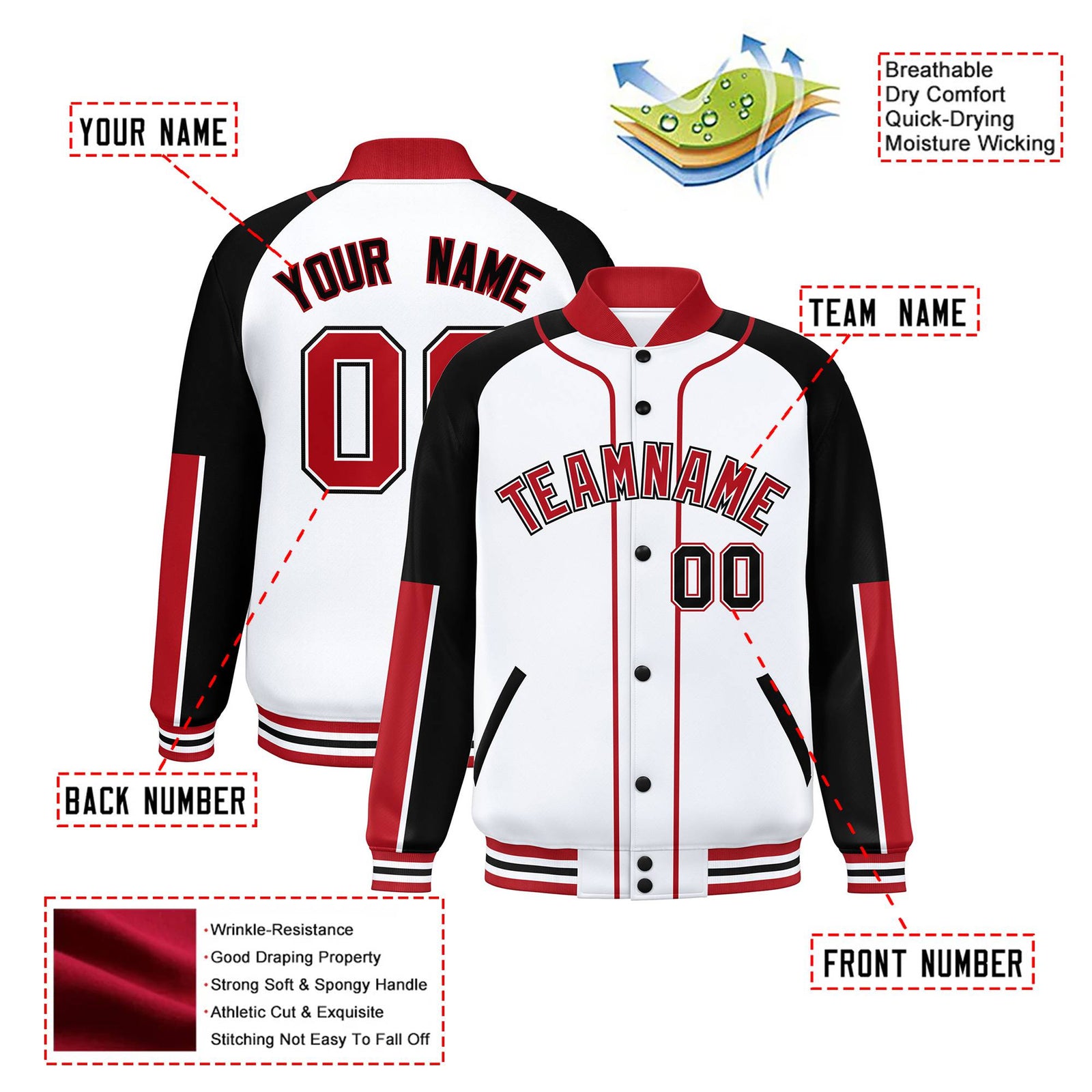 Custom White Black-Red Varsity Full-Snap Color Block Letterman Jacket