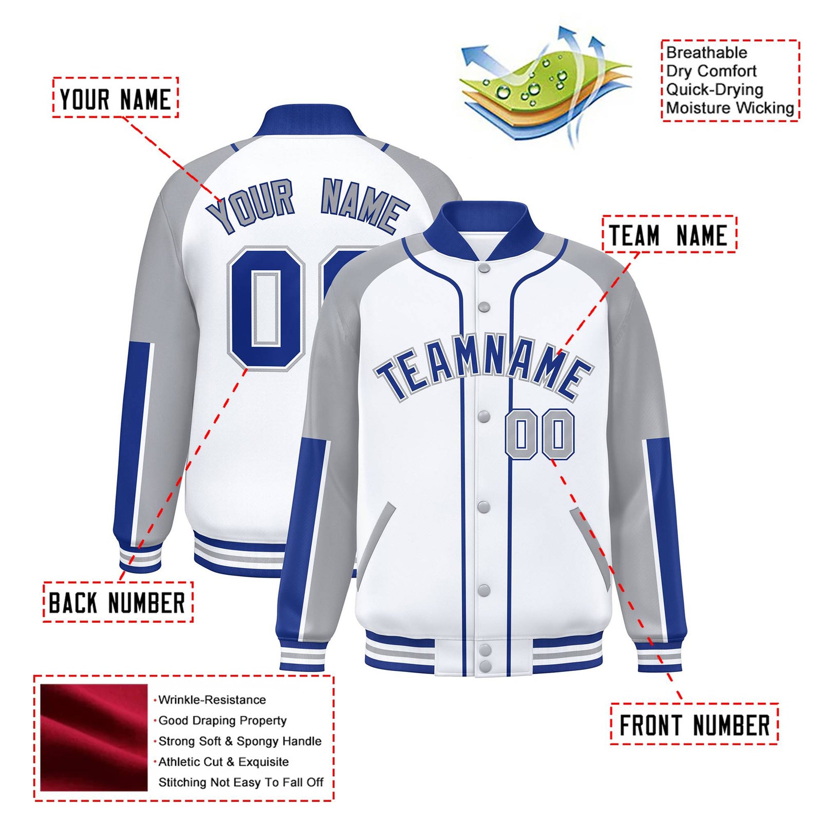 Custom White Gray-Royal Blue Varsity Full-Snap Color Block Letterman Jacket