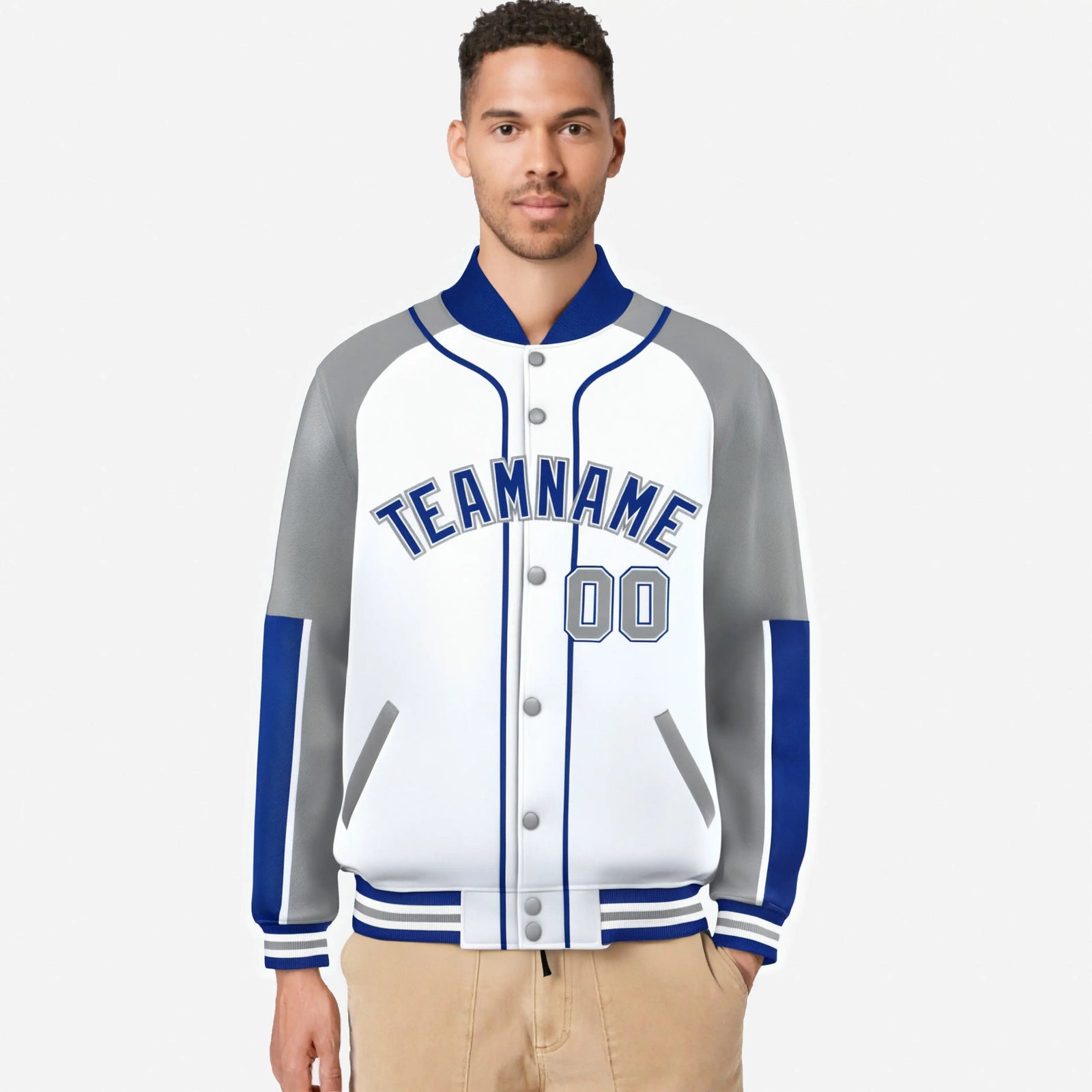 Custom White Gray-Royal Blue Varsity Full-Snap Color Block Letterman Jacket