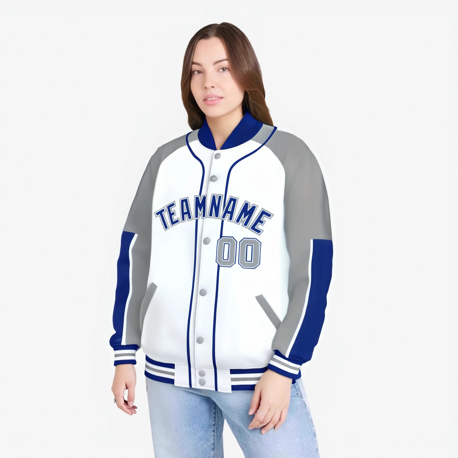Custom White Gray-Royal Blue Varsity Full-Snap Color Block Letterman Jacket