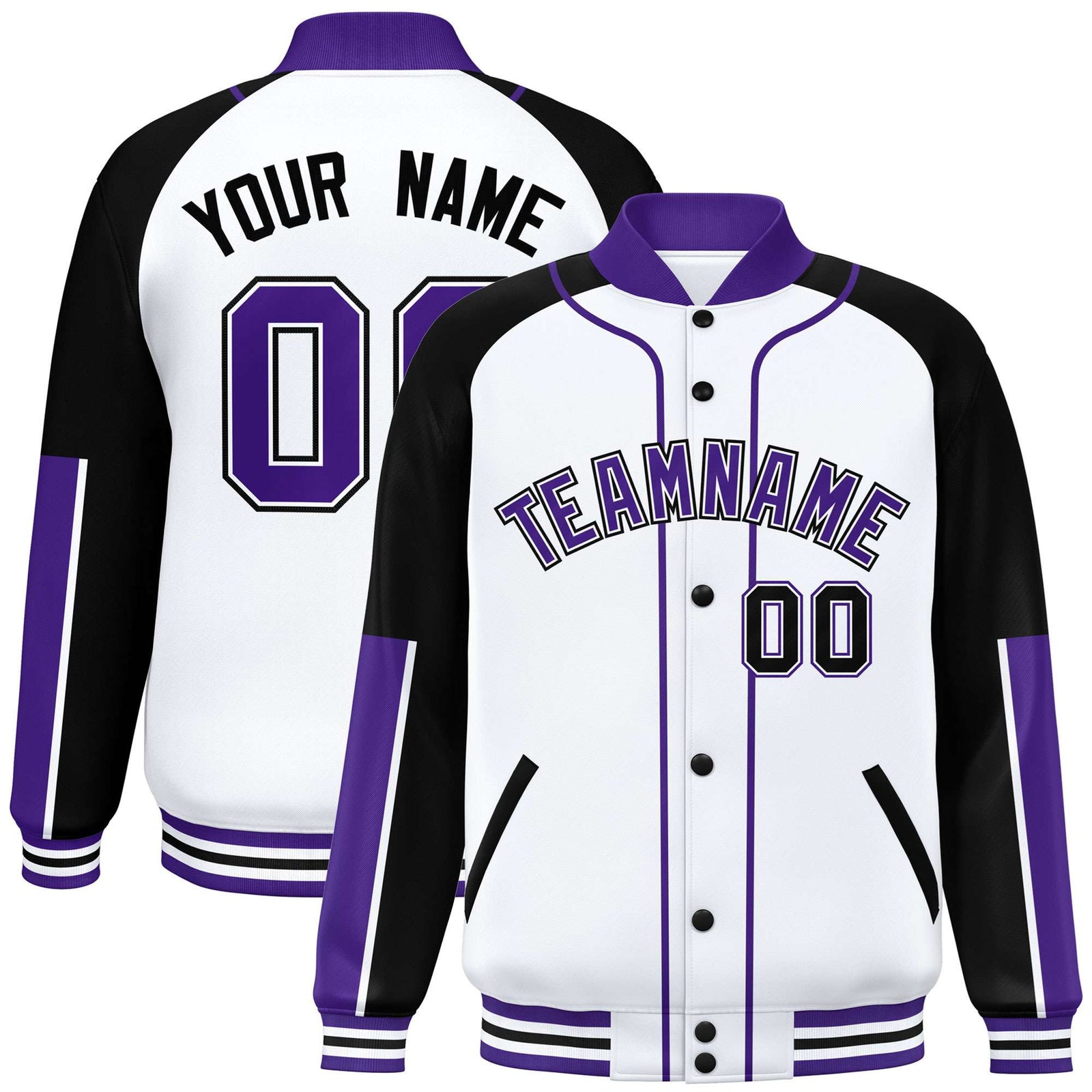 Custom White Black-Purple Varsity Full-Snap Color Block Letterman Jacket