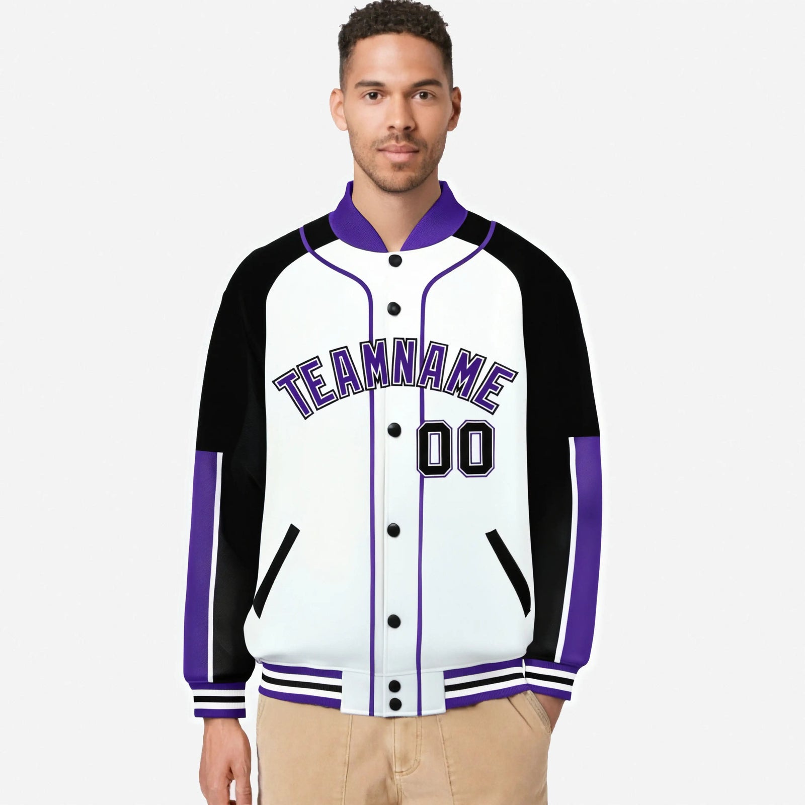 Custom White Black-Purple Varsity Full-Snap Color Block Letterman Jacket