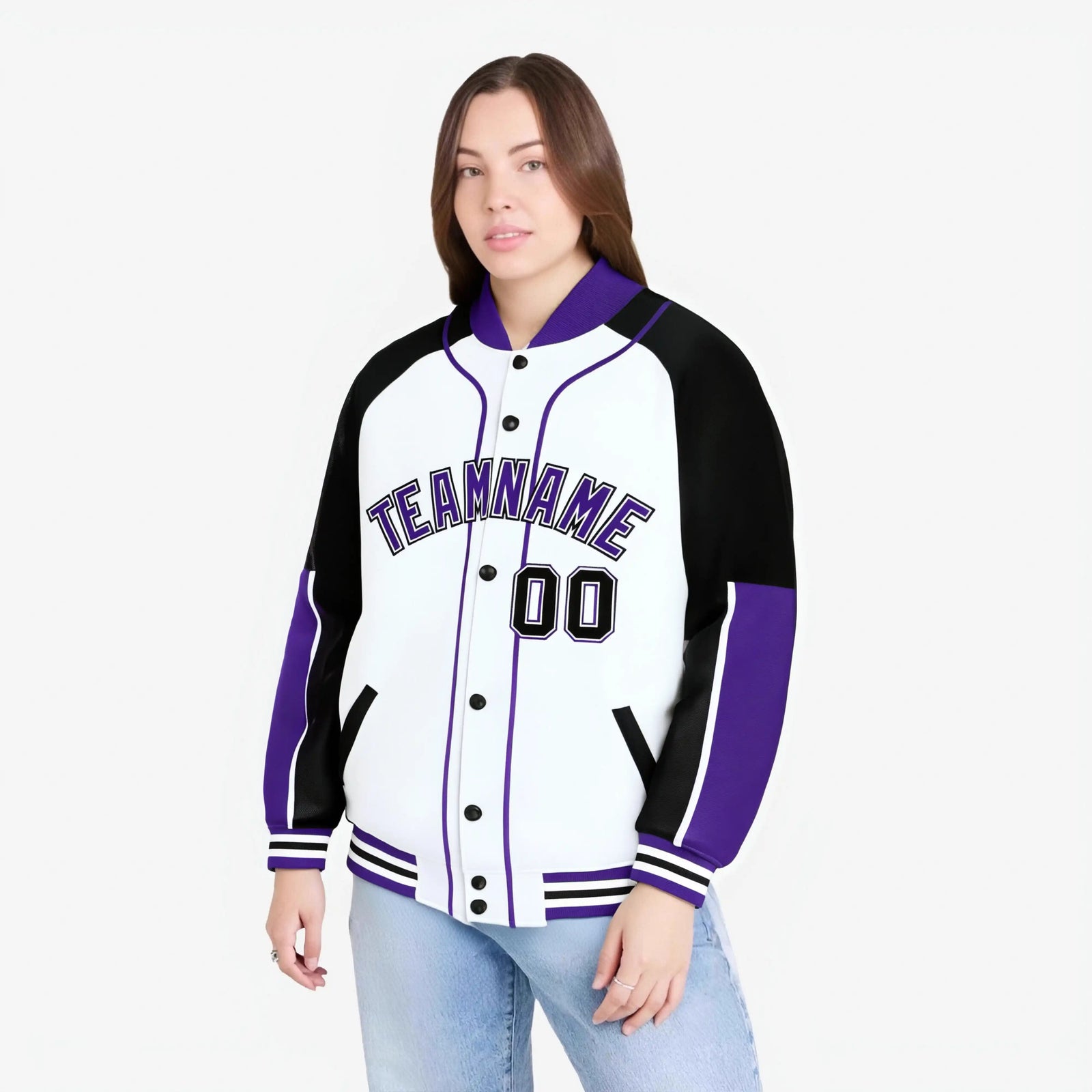 Custom White Black-Purple Varsity Full-Snap Color Block Letterman Jacket
