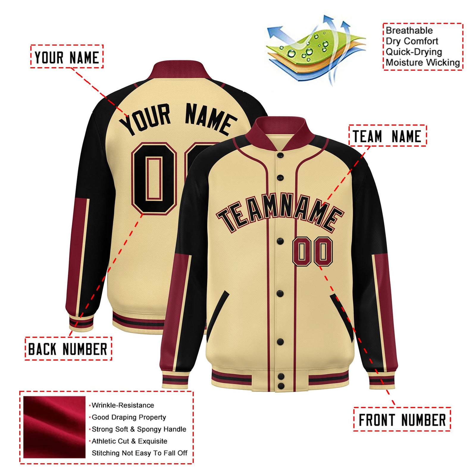 Custom Khaki Black-Crimson Varsity Full-Snap Color Block Letterman Jacket