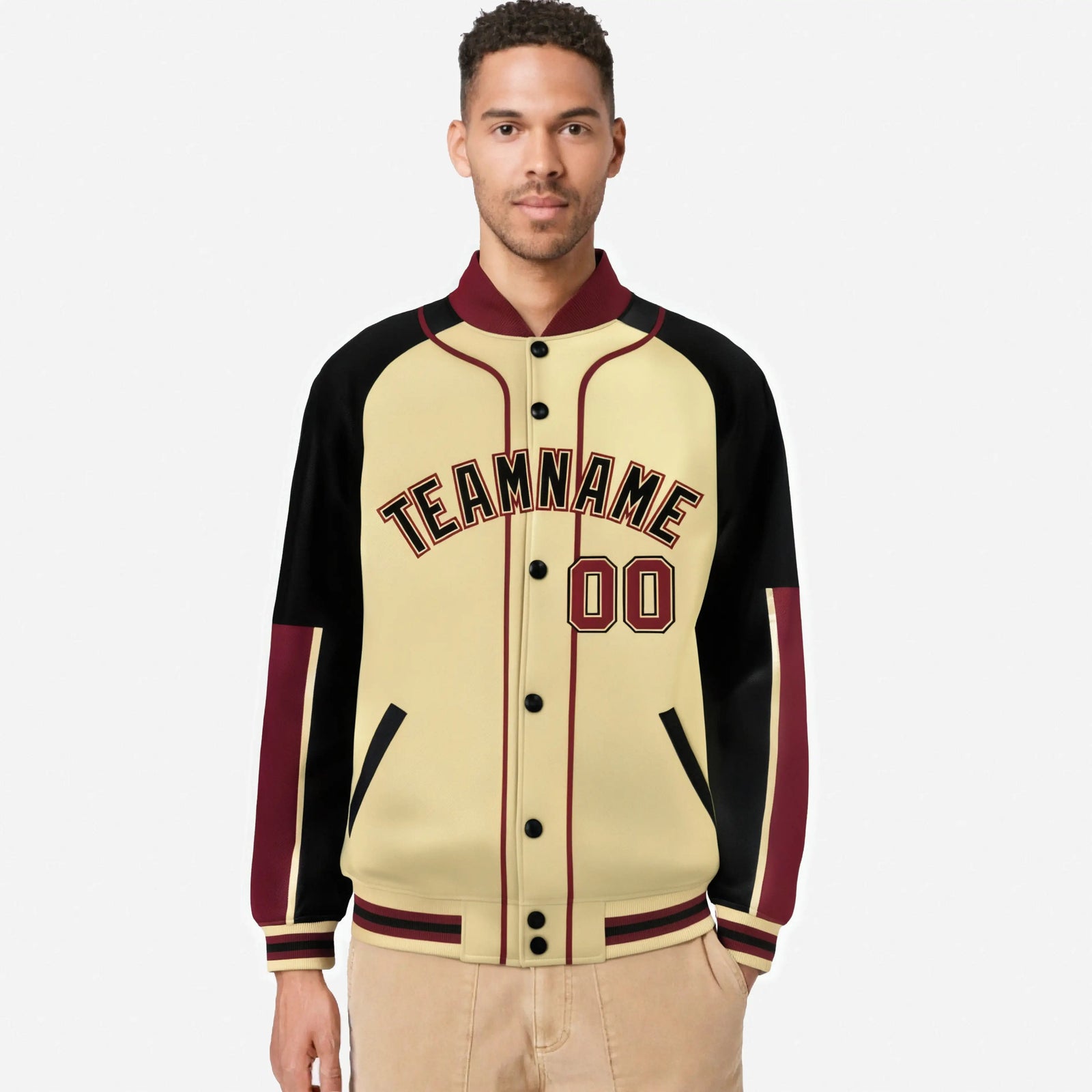 Custom Khaki Black-Crimson Varsity Full-Snap Color Block Letterman Jacket