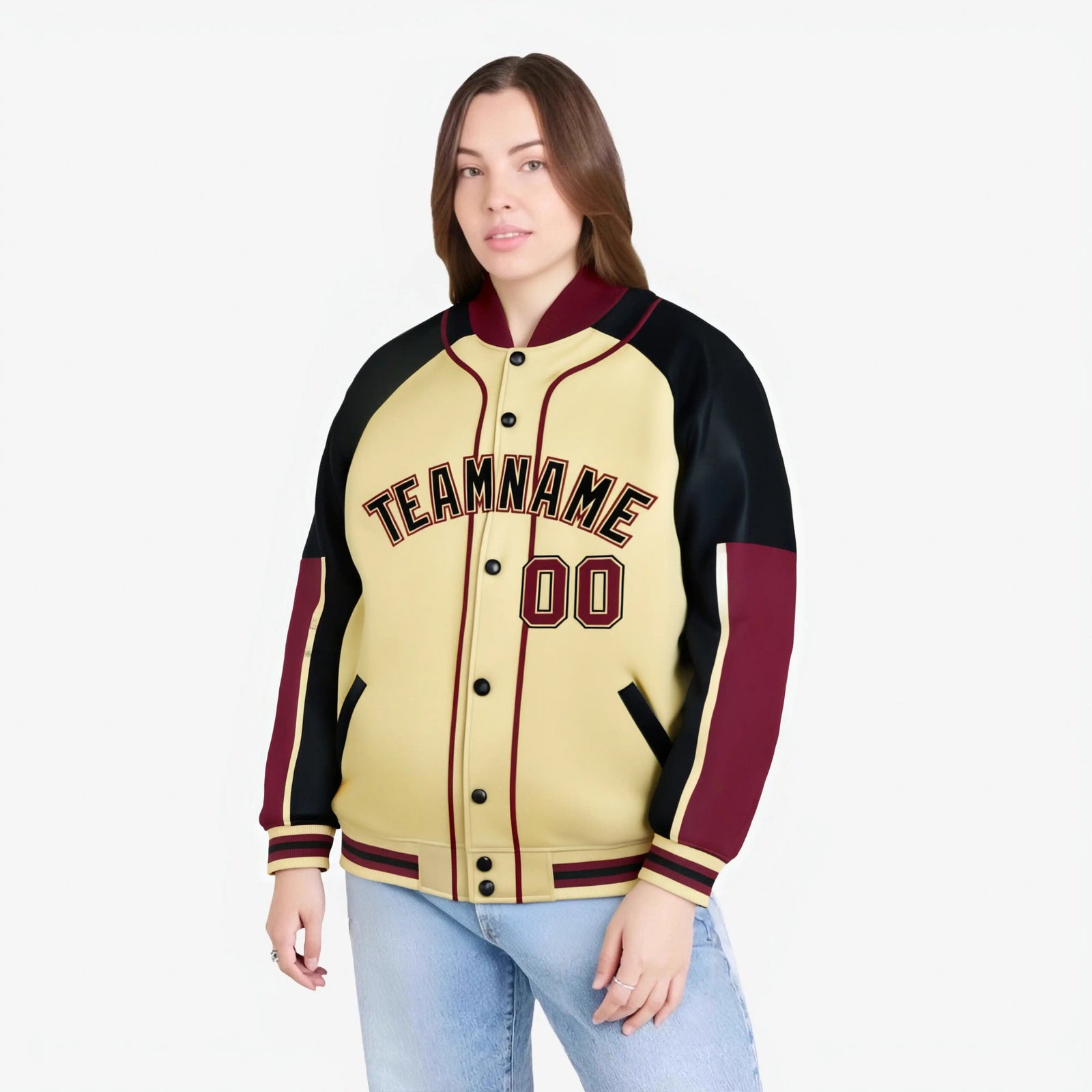 Custom Khaki Black-Crimson Varsity Full-Snap Color Block Letterman Jacket