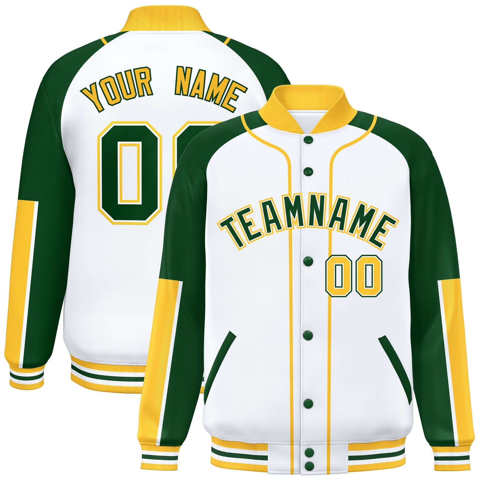 Custom White Green-Gold Varsity Full-Snap Color Block Letterman Jacket