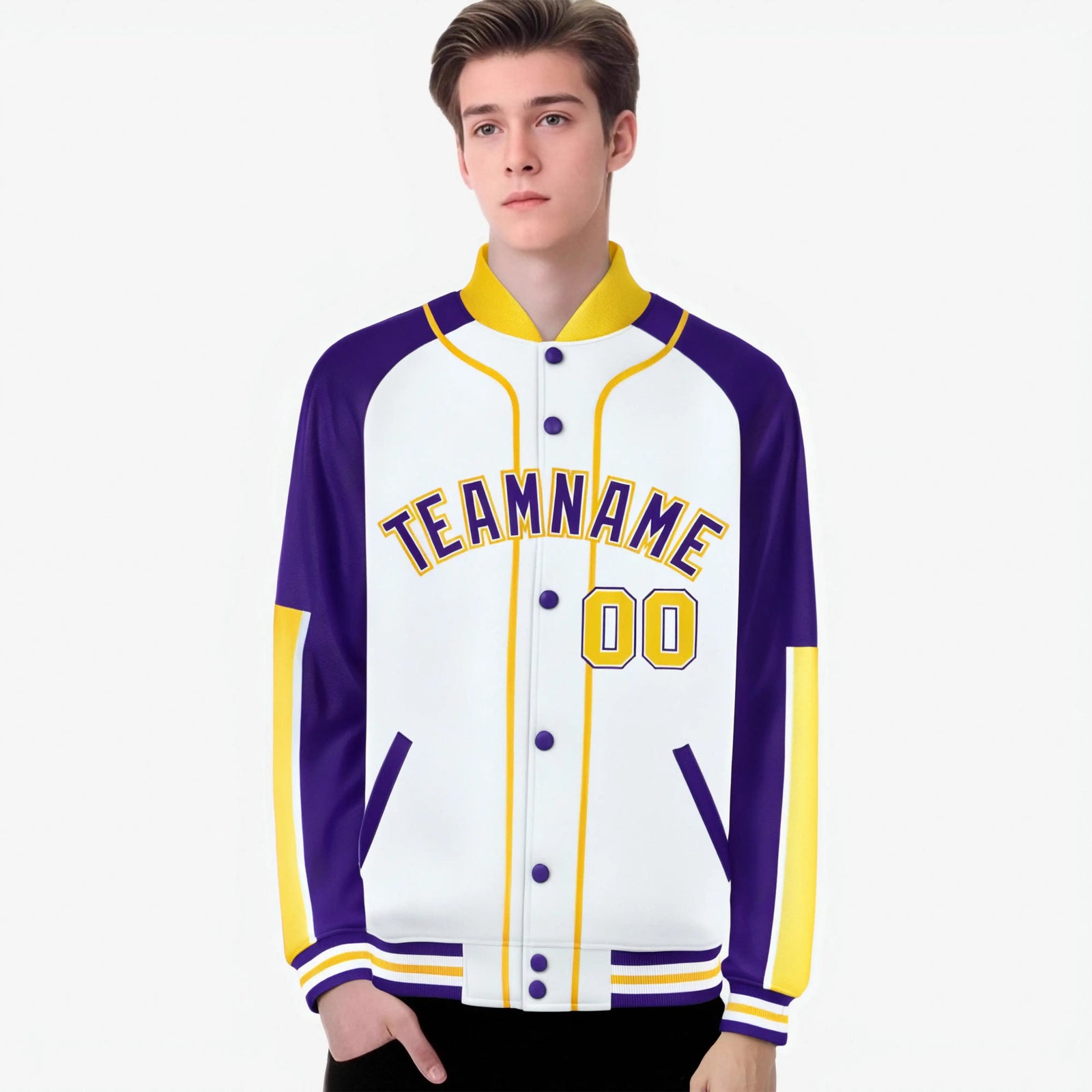 Custom White Purple-Gold Varsity Full-Snap Color Block Letterman Jacket