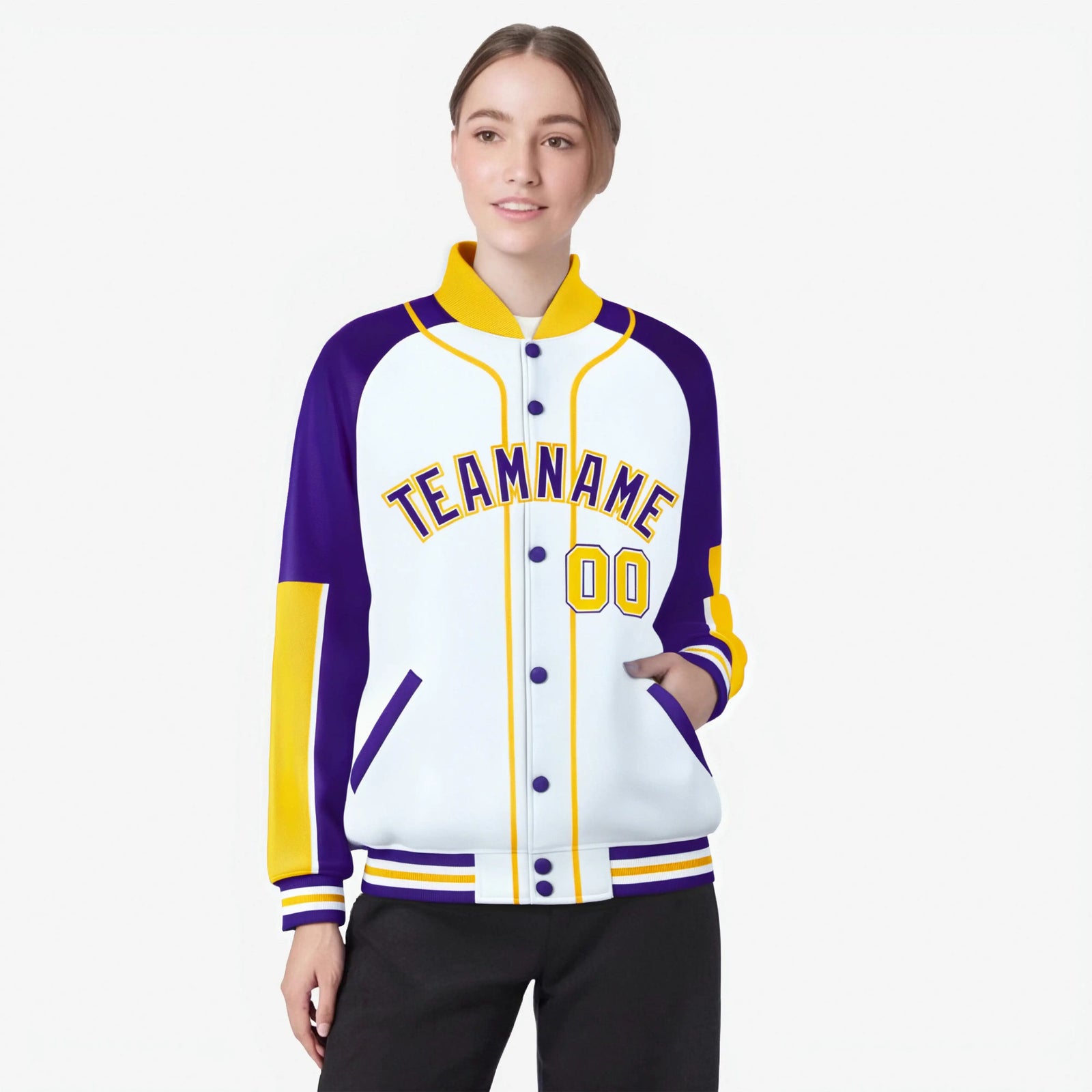 Custom White Purple-Gold Varsity Full-Snap Color Block Letterman Jacket