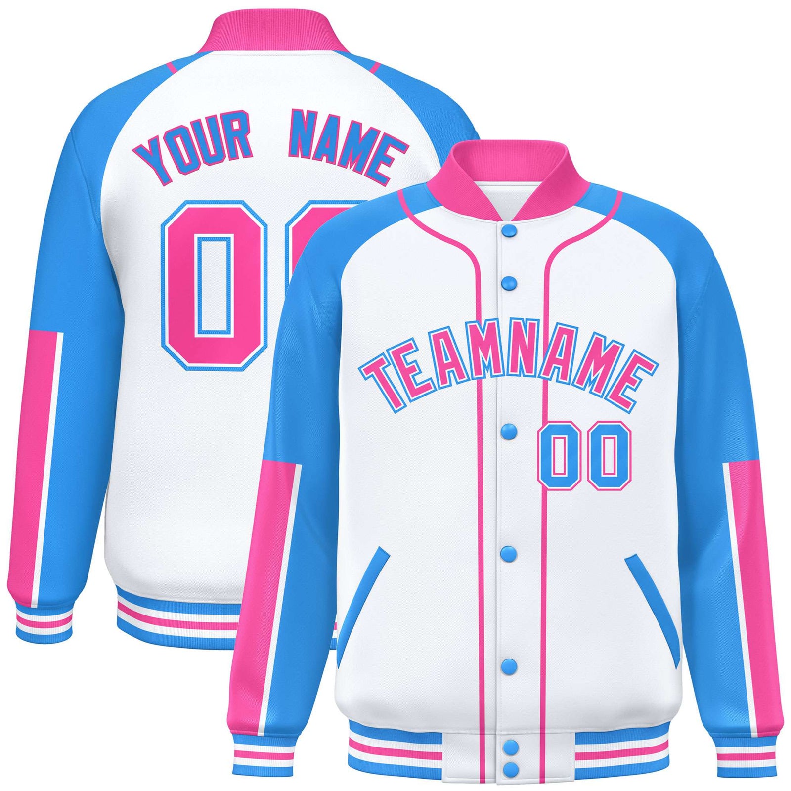 Custom White Powder Blue-Pink Varsity Full-Snap Color Block Letterman Jacket