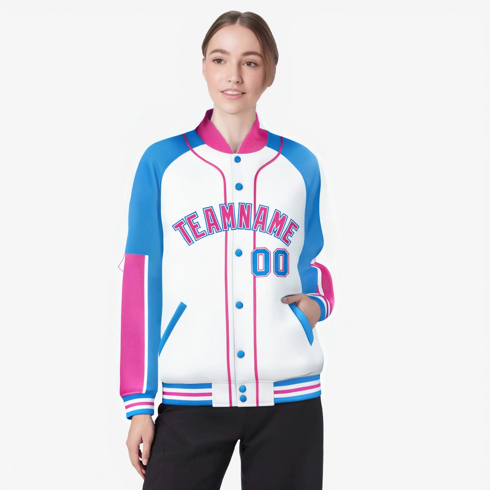 Custom White Powder Blue-Pink Varsity Full-Snap Color Block Letterman Jacket