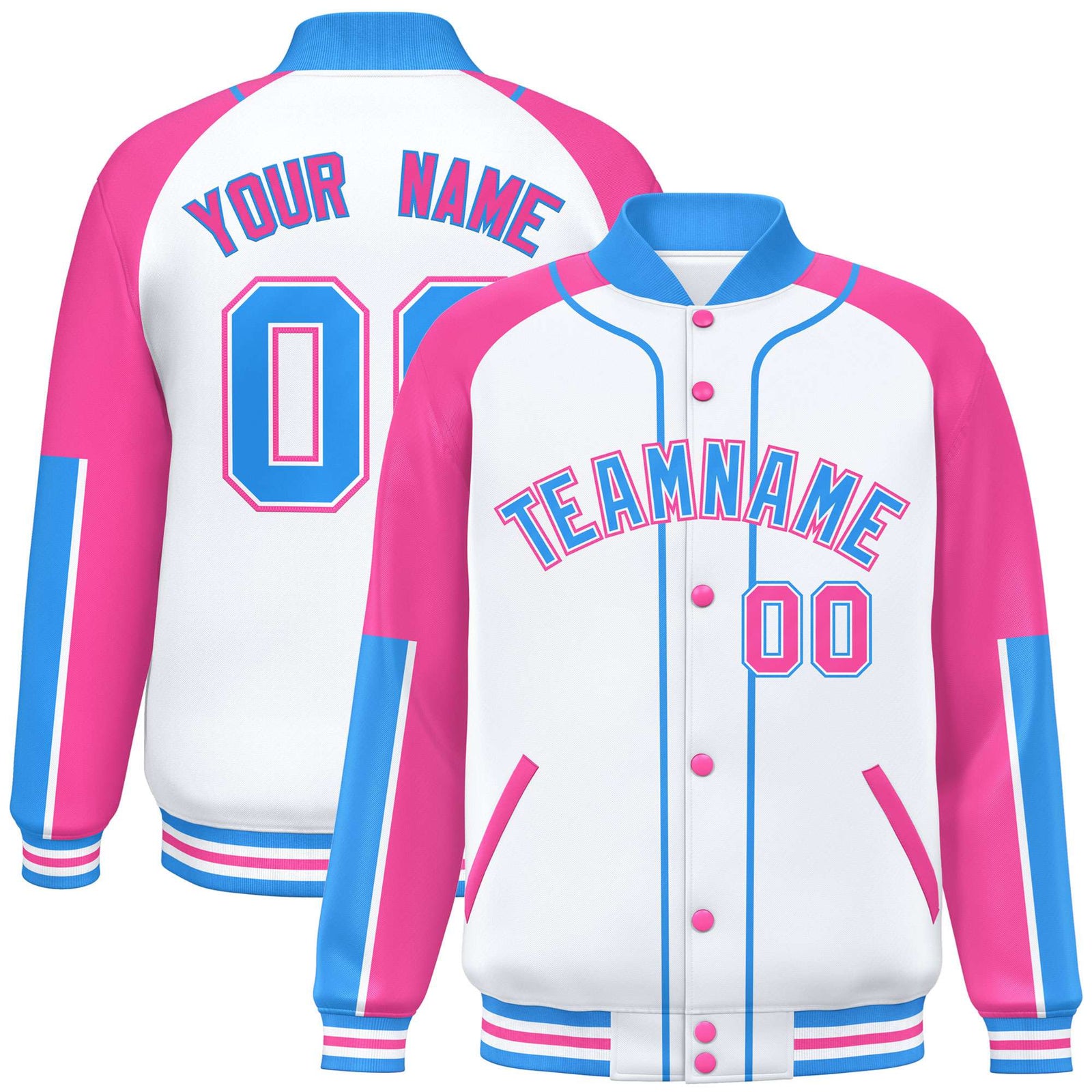 Custom White Pink-Powder Blue Varsity Full-Snap Color Block Letterman Jacket