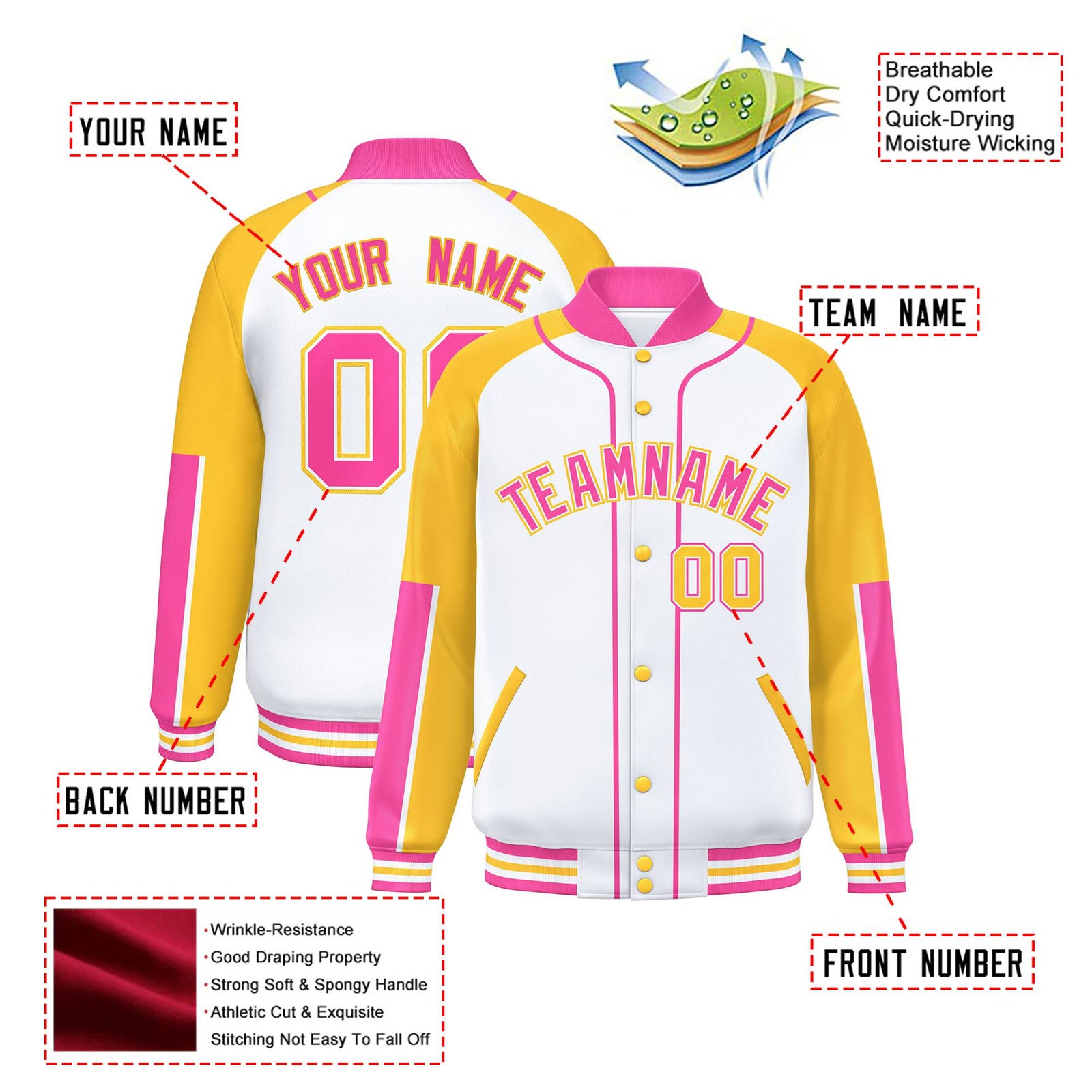 Custom White Gold-Pink Varsity Full-Snap Color Block Letterman Jacket