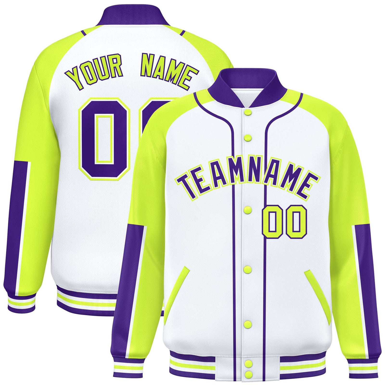 Custom White Fluorescent Green-Purple Varsity Full-Snap Color Block Letterman Jacket