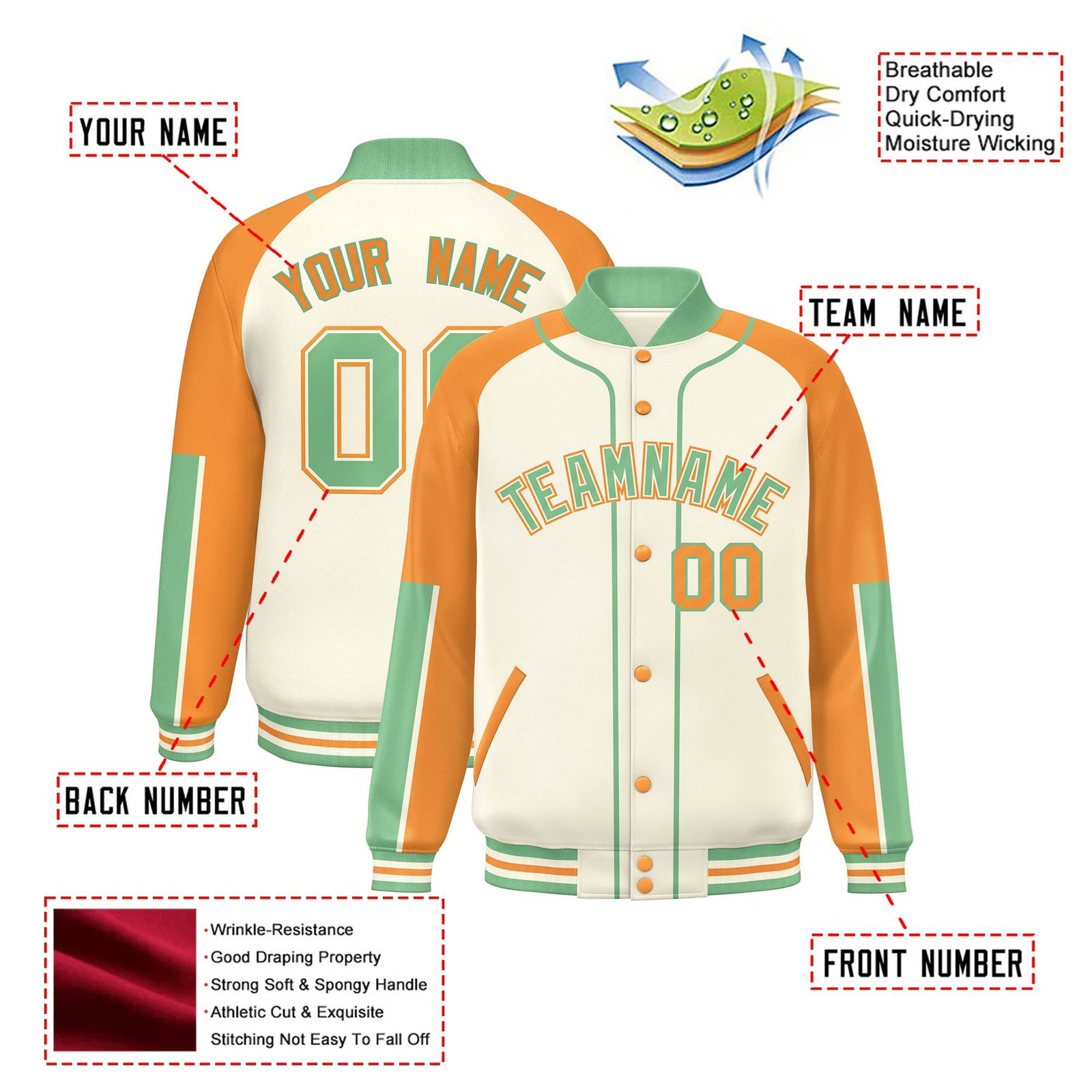 Custom Cream Yellow-Bright green Varsity Full-Snap Color Block Letterman Jacket