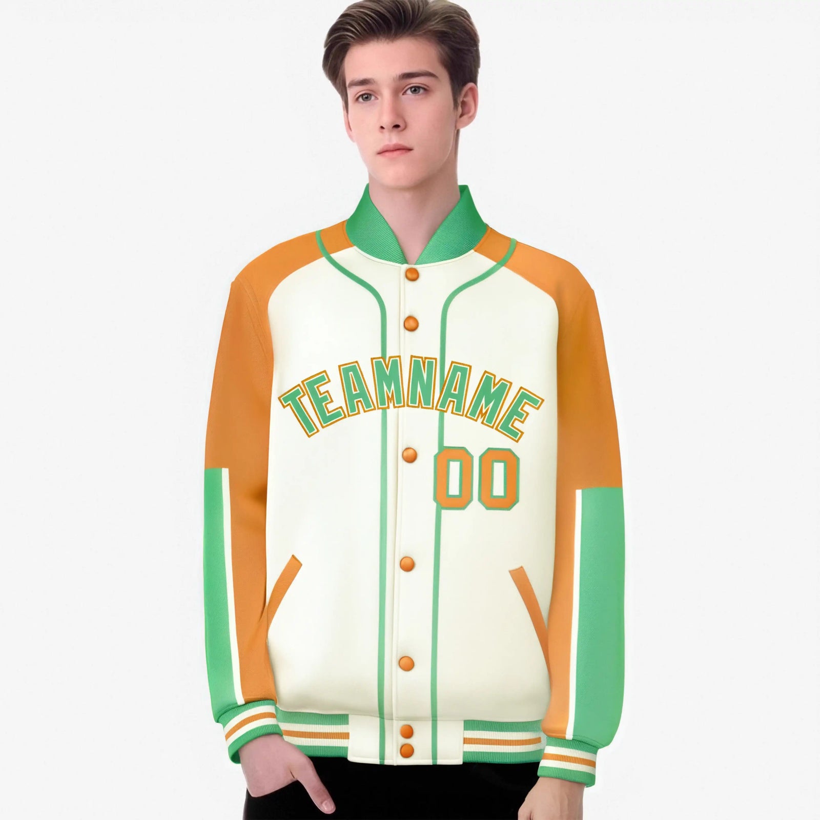 Custom Cream Yellow-Bright green Varsity Full-Snap Color Block Letterman Jacket