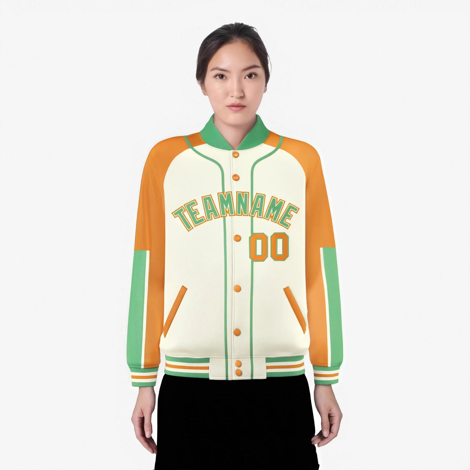 Custom Cream Yellow-Bright green Varsity Full-Snap Color Block Letterman Jacket