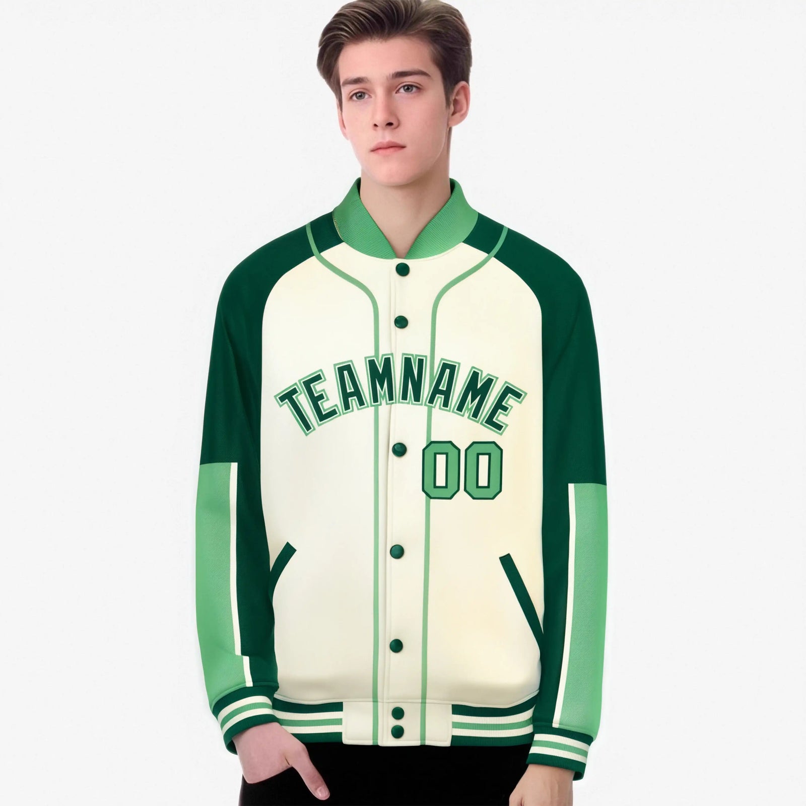 Custom Cream Green-Bright green Varsity Full-Snap Color Block Letterman Jacket