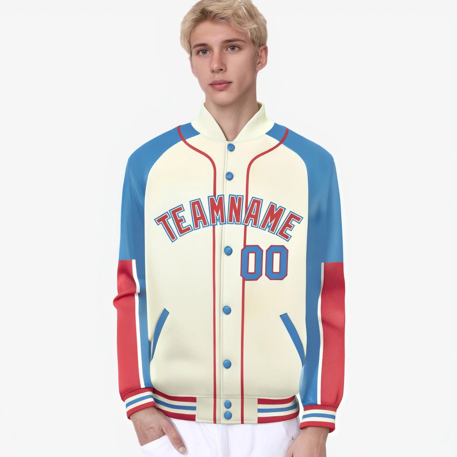 Custom Cream Light Blue-Light Red Varsity Full-Snap Color Block Letterman Jacket
