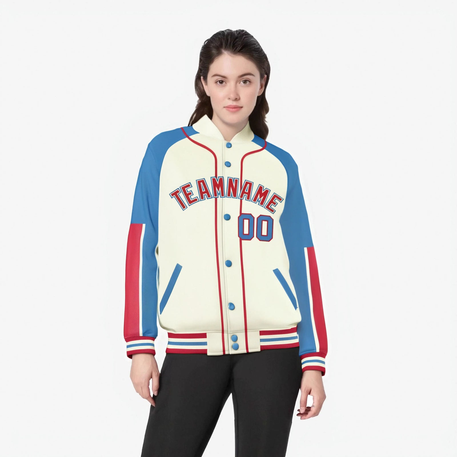 Custom Cream Light Blue-Light Red Varsity Full-Snap Color Block Letterman Jacket