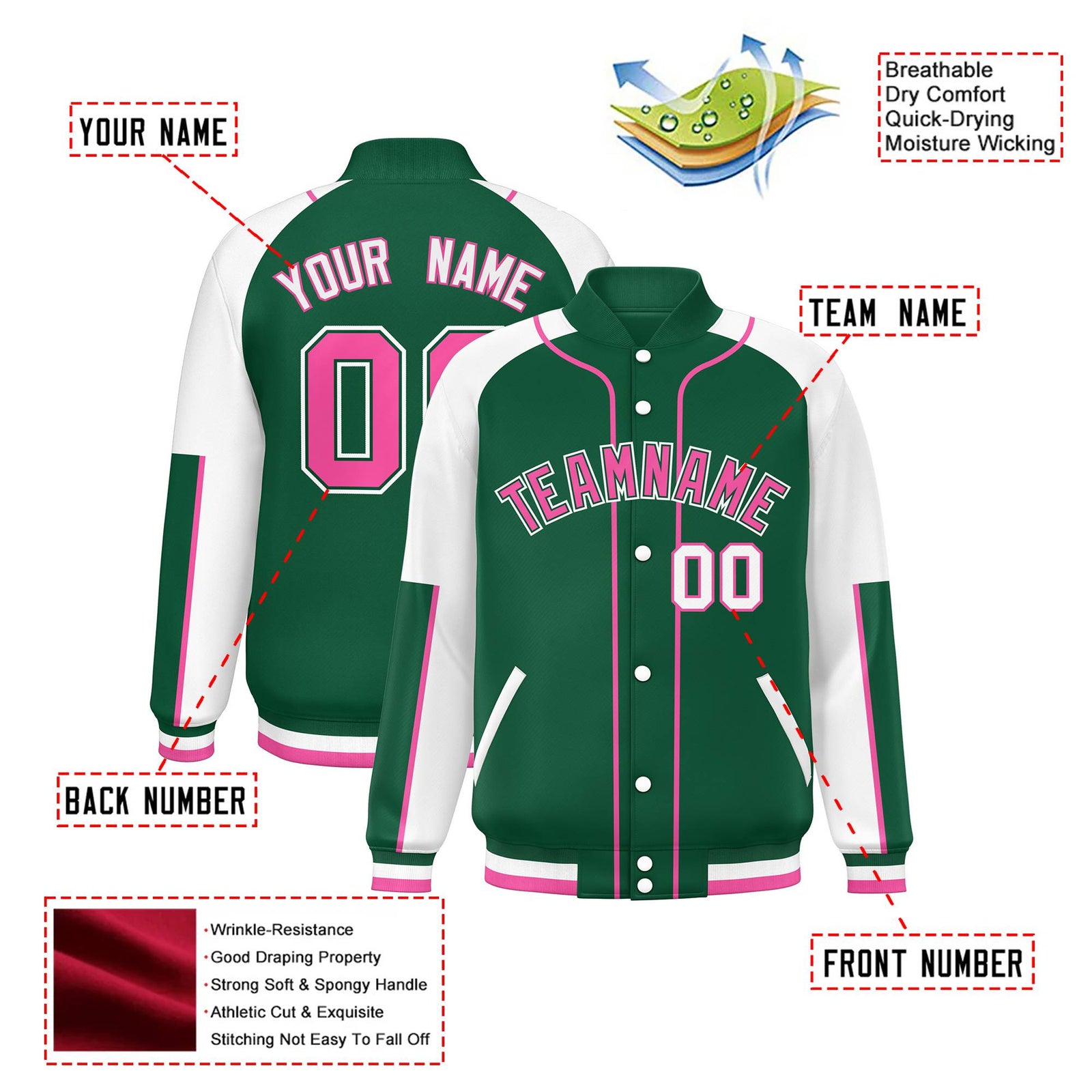 Custom Green White-Green Varsity Full-Snap Color Block Letterman Jacket
