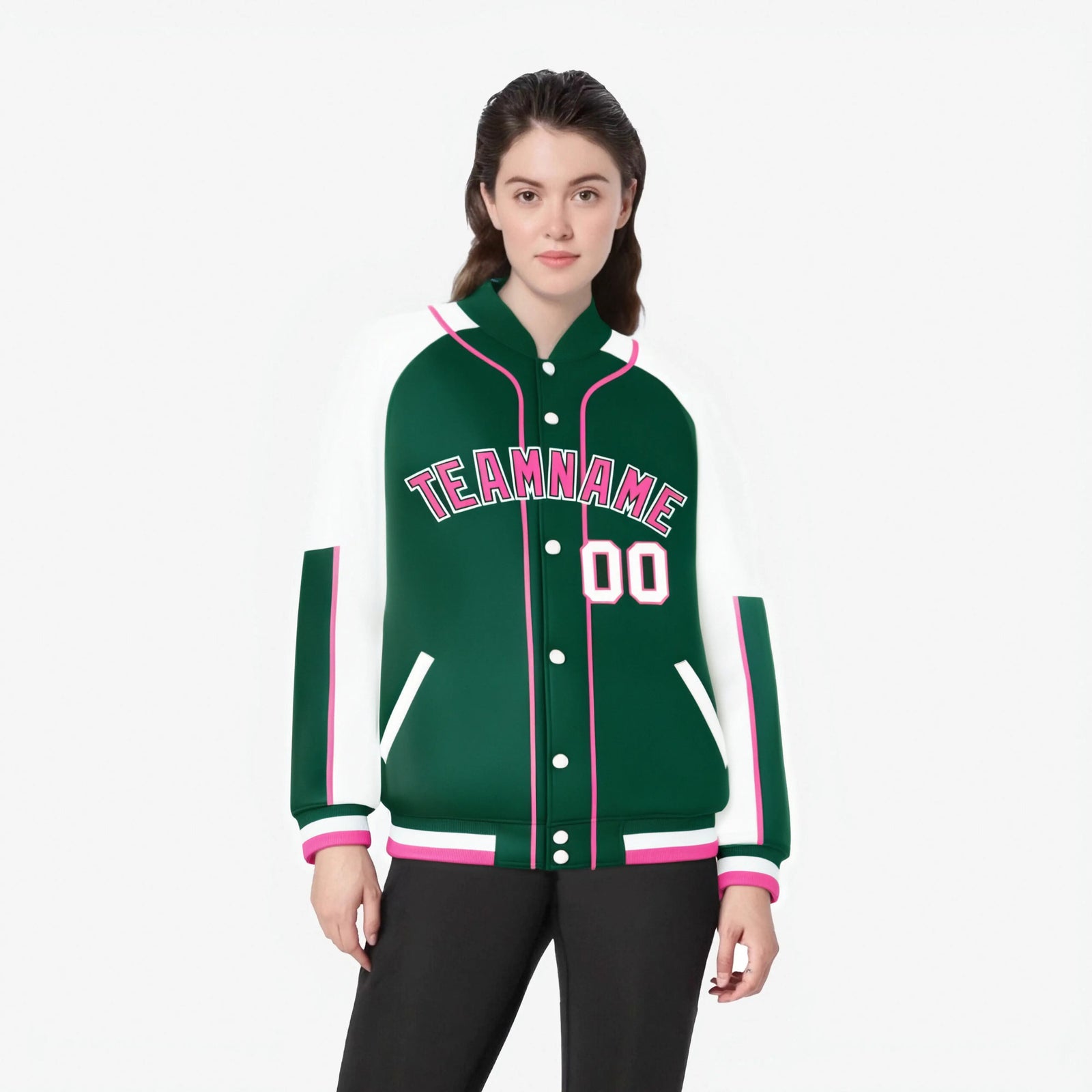 Custom Green White-Green Varsity Full-Snap Color Block Letterman Jacket