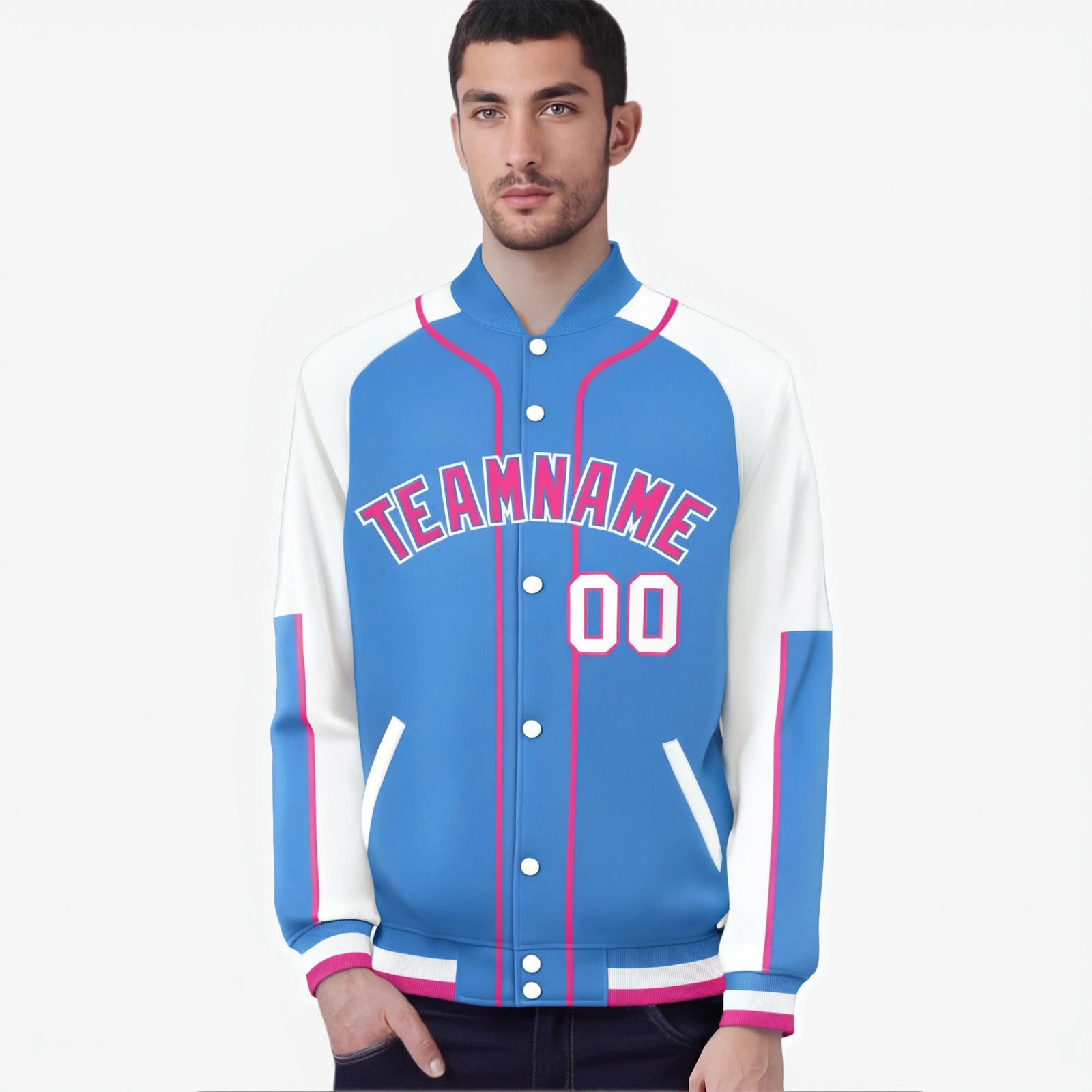 Custom Powder Blue White-Powder Blue Varsity Full-Snap Color Block Letterman Jacket