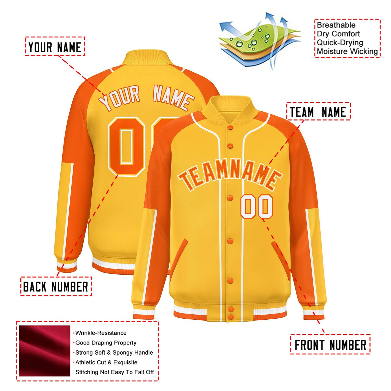 Custom Gold Blue Orange-Gold Varsity Full-Snap Color Block Letterman Jacket