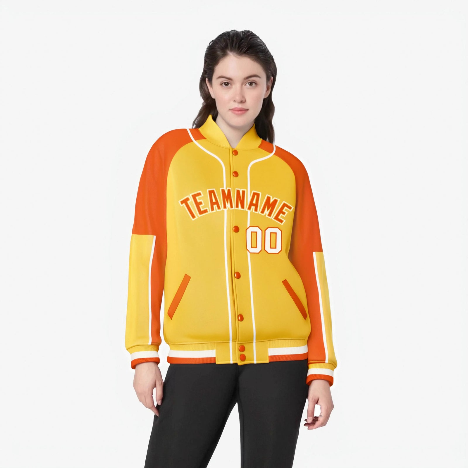 Custom Gold Blue Orange-Gold Varsity Full-Snap Color Block Letterman Jacket