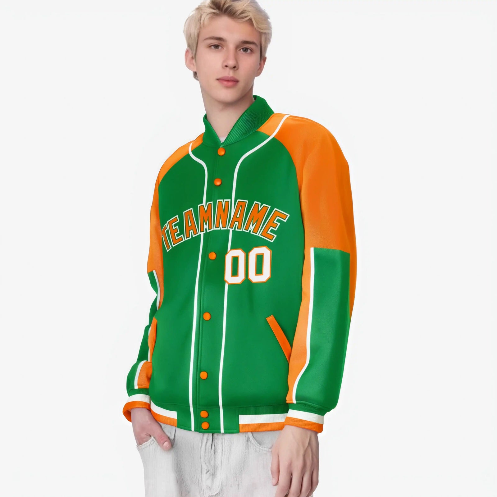 Custom Kelly Green Orange-Kelly Green Varsity Full-Snap Color Block Letterman Jacket
