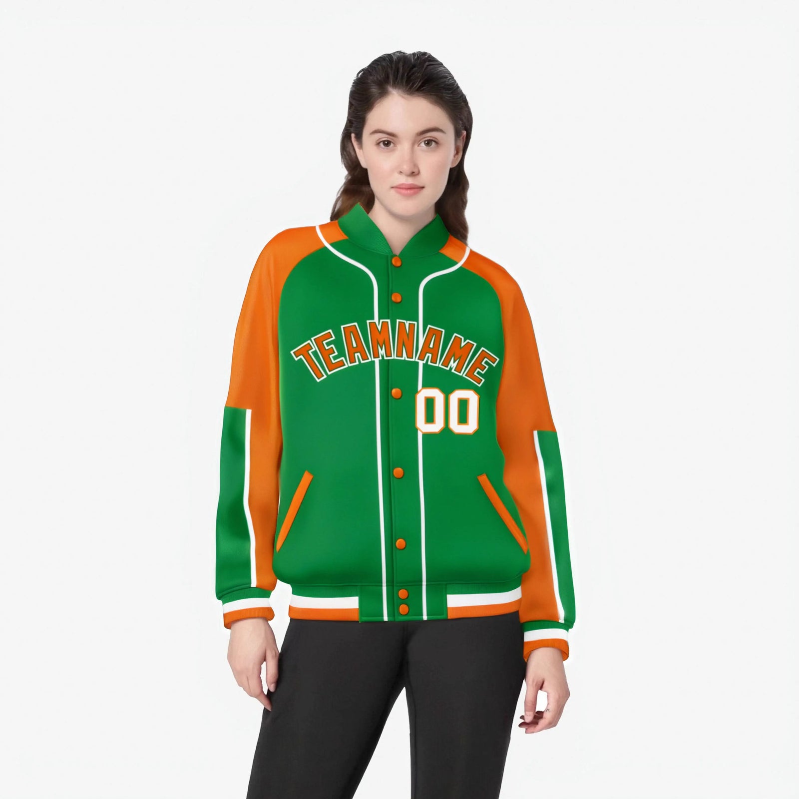 Custom Kelly Green Orange-Kelly Green Varsity Full-Snap Color Block Letterman Jacket