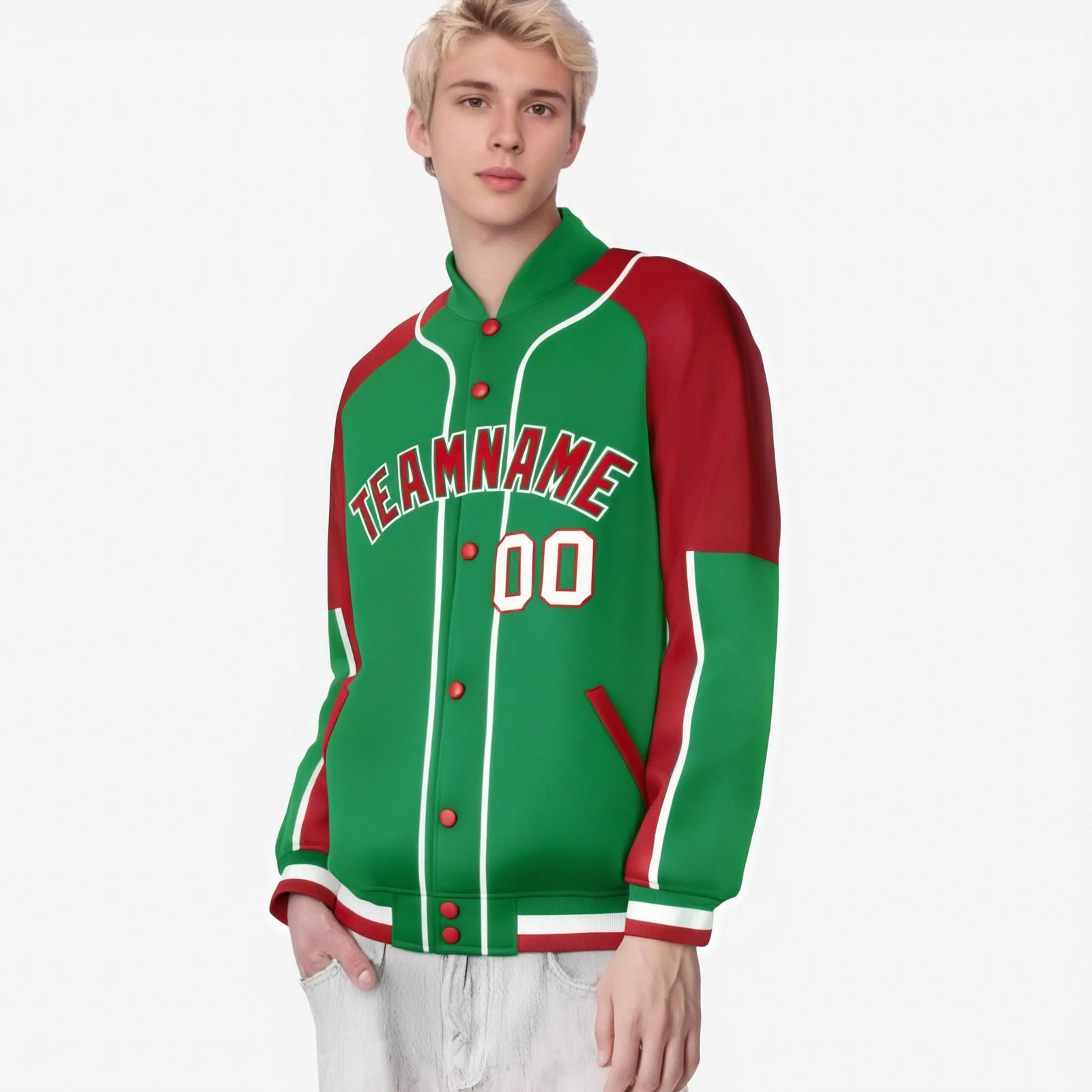 Custom Kelly Green Red-Kelly Green Varsity Full-Snap Color Block Letterman Jacket