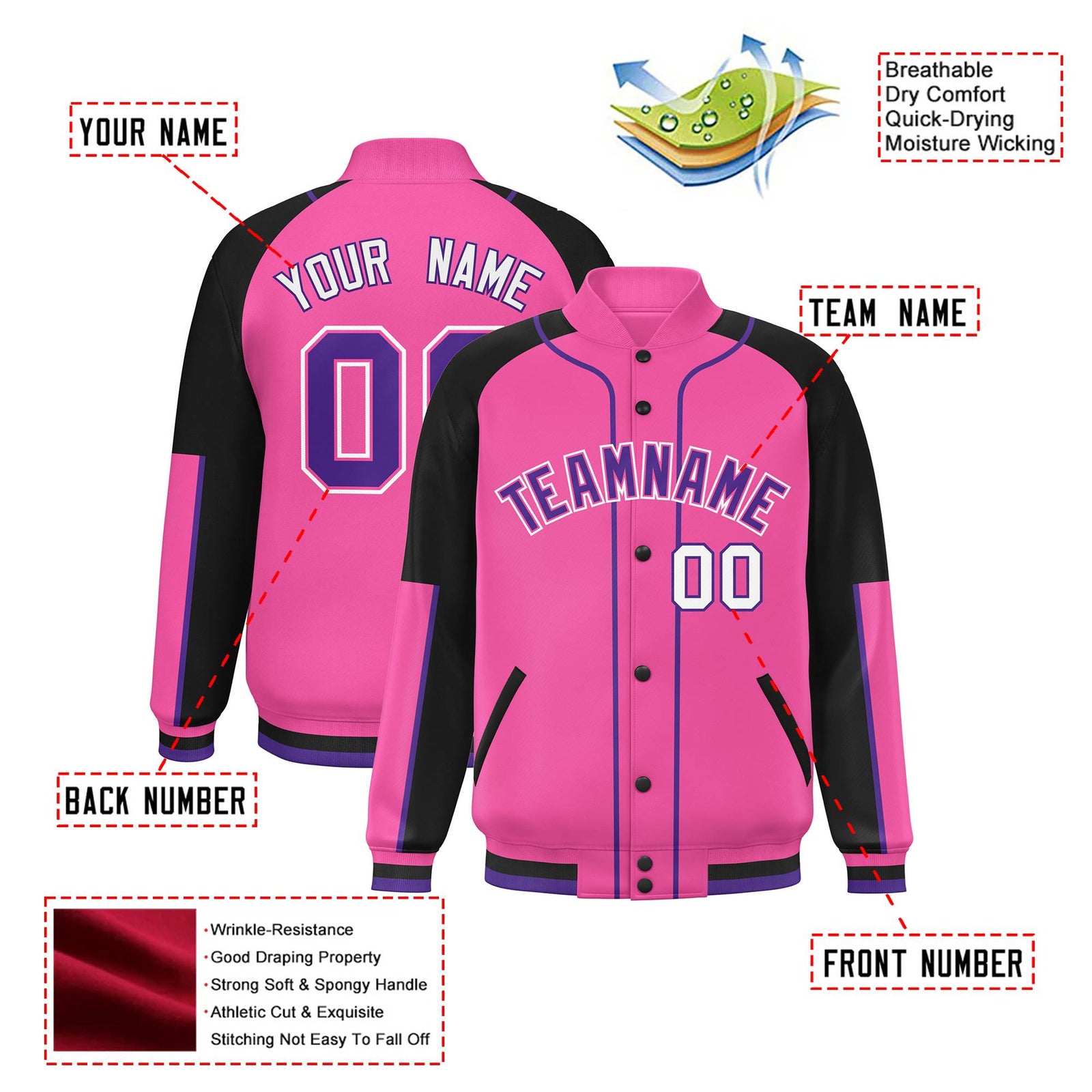 Custom Pink Black-Pink Varsity Full-Snap Color Block Letterman Jacket