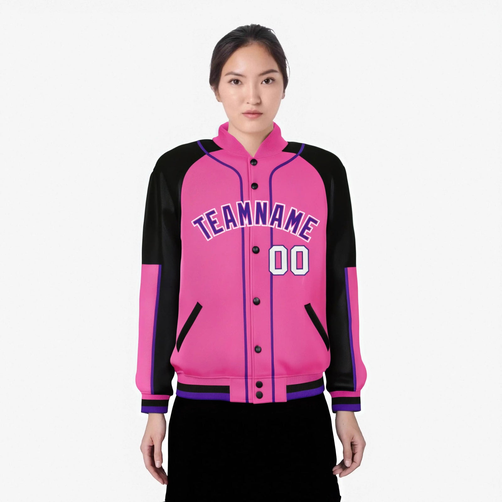 Custom Pink Black-Pink Varsity Full-Snap Color Block Letterman Jacket