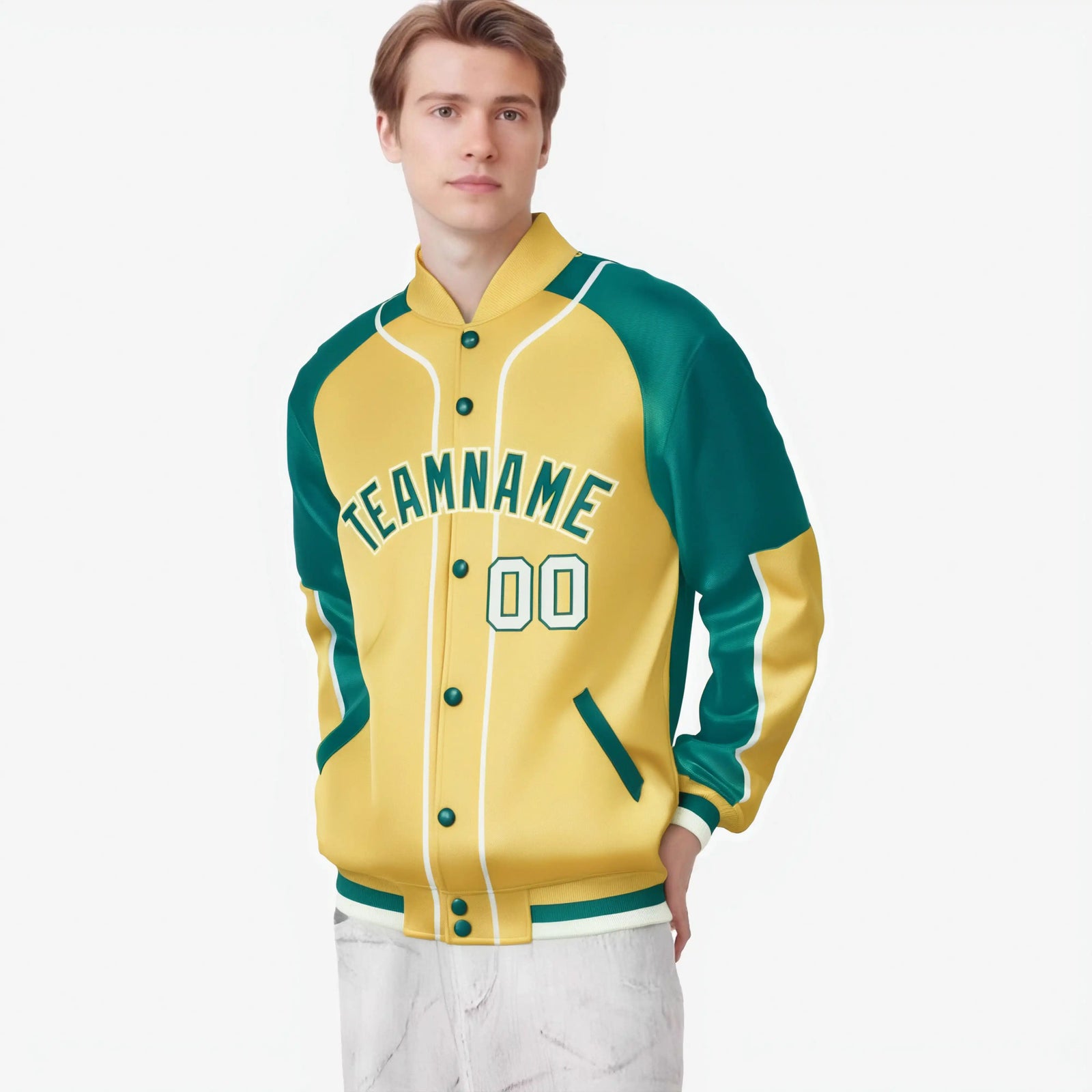 Custom Khaki Aqua-Khaki Varsity Full-Snap Color Block Letterman Jacket