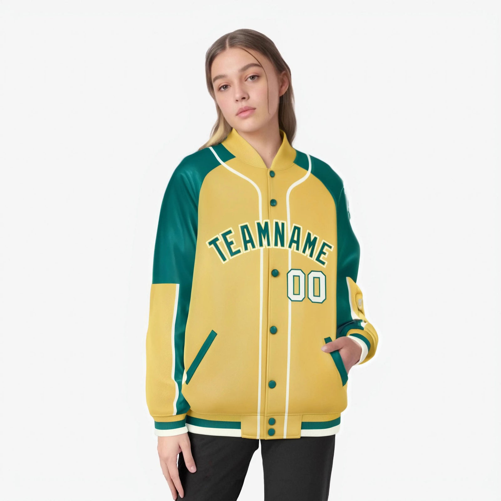 Custom Khaki Aqua-Khaki Varsity Full-Snap Color Block Letterman Jacket