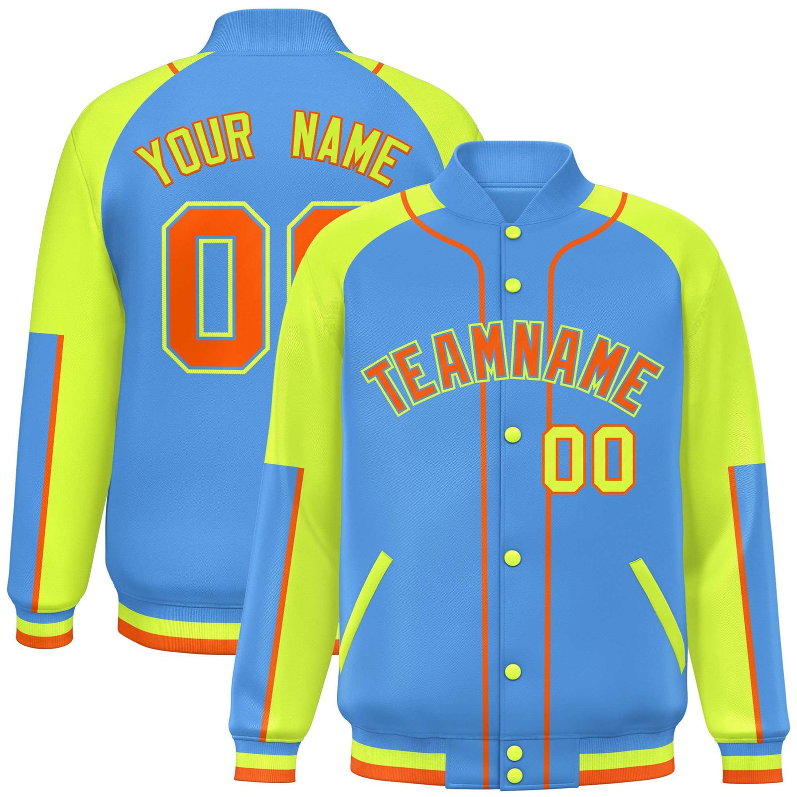 Custom Powder Blue Fluorescent Green-Powder Blue Varsity Full-Snap Color Block Letterman Jacket