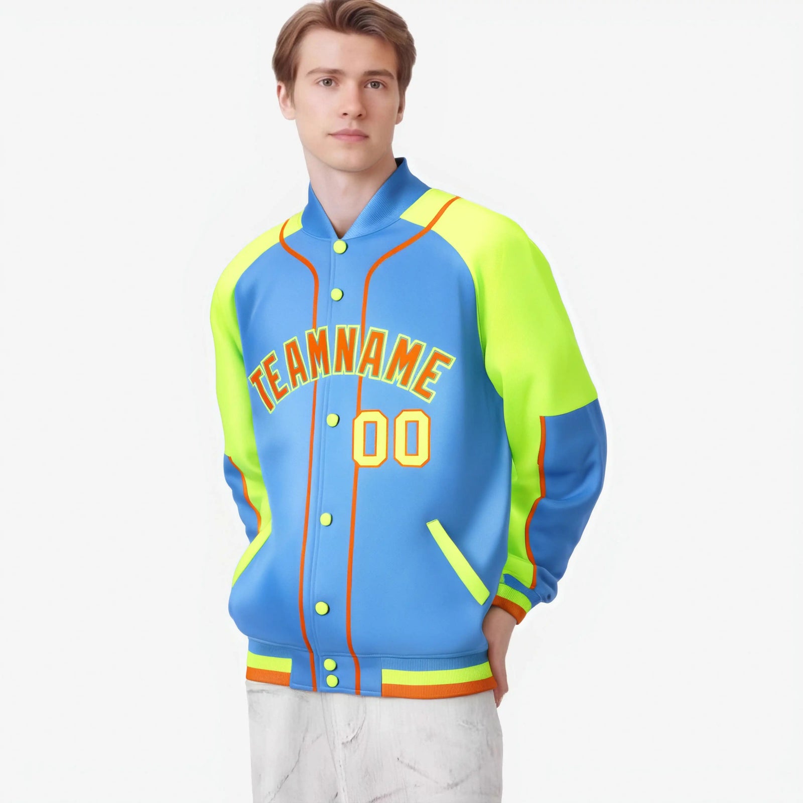 Custom Powder Blue Fluorescent Green-Powder Blue Varsity Full-Snap Color Block Letterman Jacket