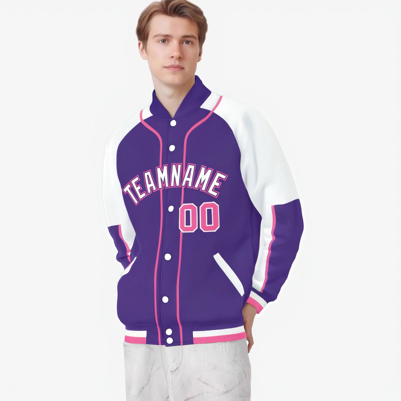 Custom Purple White-Purple Varsity Full-Snap Color Block Letterman Jacket