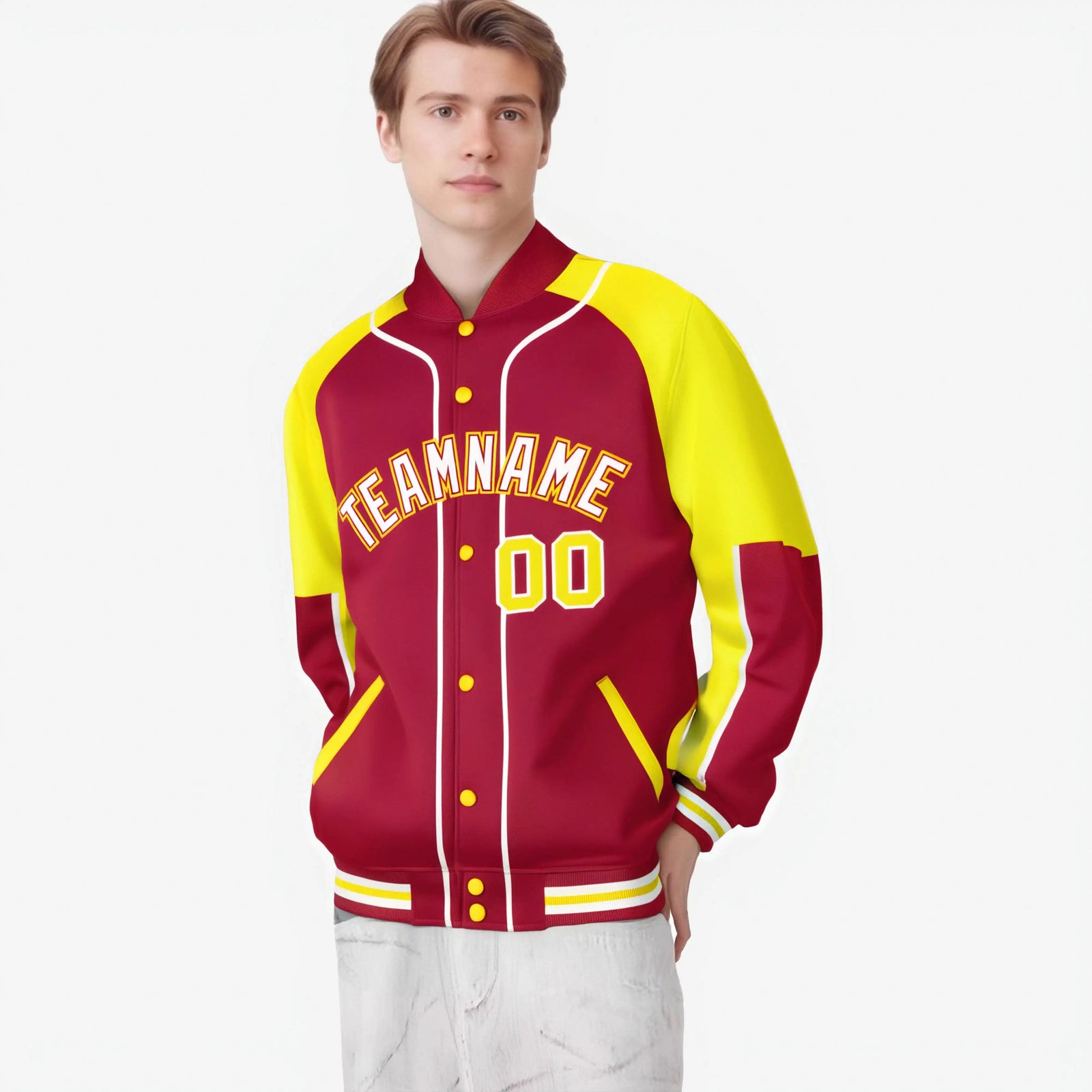 Custom Red Gold-Red Varsity Full-Snap Color Block Letterman Jacket